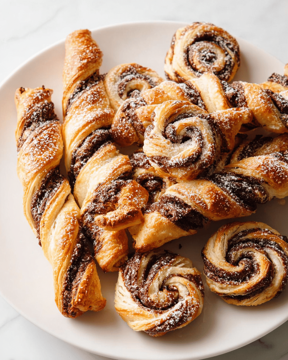 A white plate is filled with several golden brown puff pastry twists and spiral pastries, each showing layers of flaky, crisp dough with dark chocolate swirled through them in a spiral pattern. The pastries have a shiny, slightly glossy surface from a glaze and a light dusting of white powdered sugar on top, adding a soft texture contrast. The twists are long and have a twisted shape with chocolate ribbons visible, while the spirals are round with the chocolate layers clearly defined inside each roll. The plate sits on a white marbled surface. photo taken with an iphone --ar 4:5 --v 7