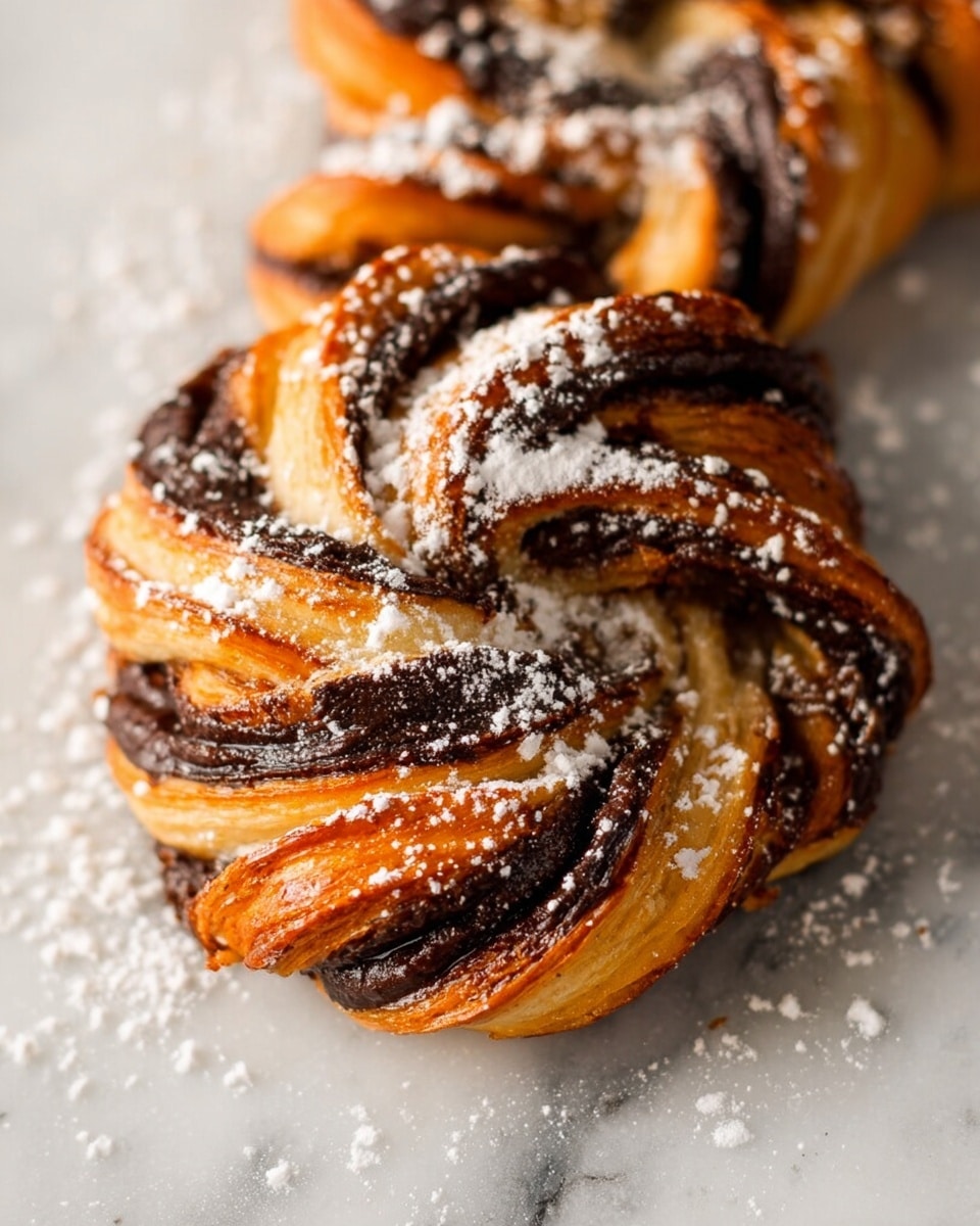 The image shows a close-up of a twisted pastry with multiple layers of golden brown dough and dark chocolate filling spiraled together. The pastry has a flaky, shiny texture with folds and twists alternating between the light dough and rich, dark chocolate. White powdered sugar is sprinkled on top and around the pastry, adding a soft contrast against the warm colors. The pastry rests on a white marbled surface, which brightens the scene and highlights the details of the flaky layers and chocolate swirls. photo taken with an iphone --ar 4:5 --v 7