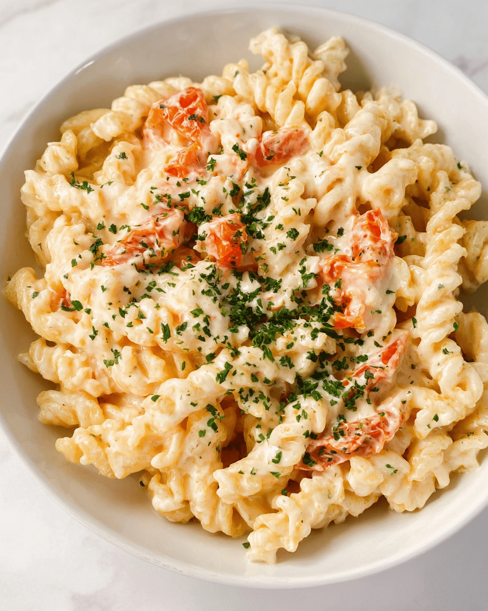 The image shows a close-up of a bowl filled with creamy pasta. The pasta is twisted and thick, coated in a smooth white sauce with a rich, glossy texture. Among the pasta, there are small pieces of orange-red tomatoes scattered evenly, adding a pop of color. The dish is garnished with finely chopped green herbs, sprinkled on top, giving a fresh and vibrant touch. The bowl is white and sits on a white marbled surface, creating a clean and bright background. photo taken with an iphone --ar 4:5 --v 7