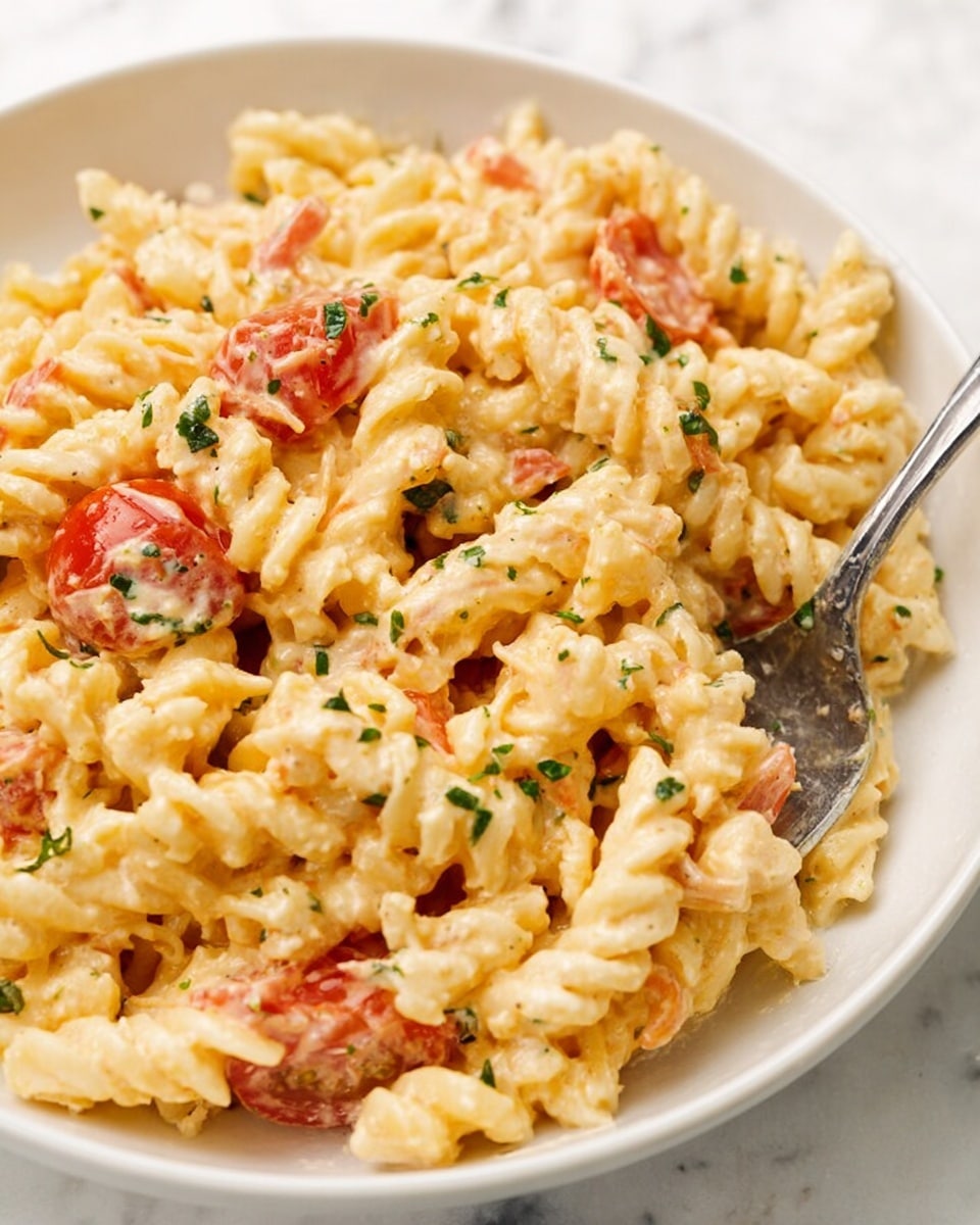 A close-up view of creamy pasta served in a white bowl, with short spiral-shaped noodles covered in a thick pale yellow sauce. Bright red cherry tomatoes are mixed in, softened and slightly cracked, scattered among the pasta. Bits of finely chopped green herbs are sprinkled throughout the dish, adding specks of color. A silver spoon is partially buried in the pasta on the right side, showing the creamy sauce texture clearly. The background features a white marbled surface, softly blurred. Photo taken with an iphone --ar 4:5 --v 7