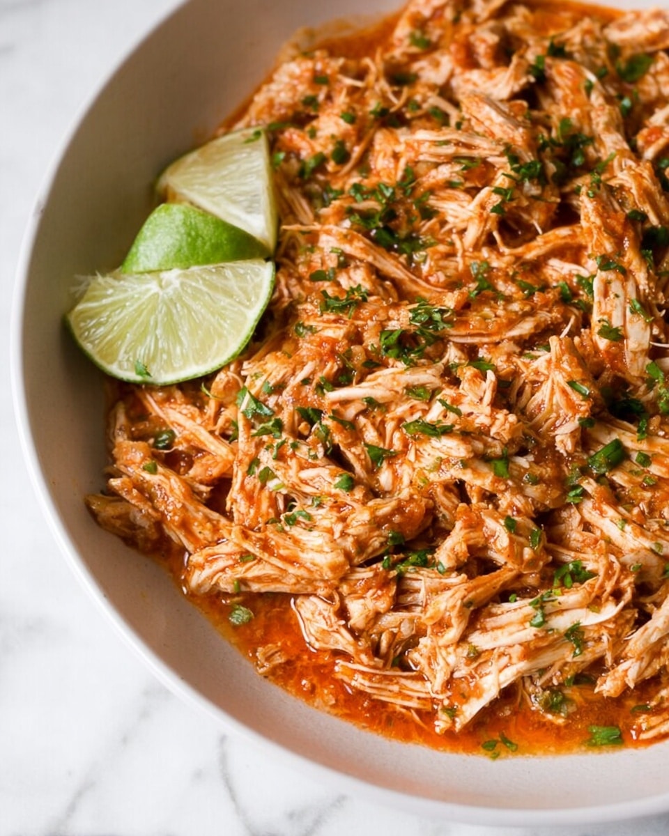 A close-up view of shredded chicken mixed with reddish-orange sauce, spread evenly across a white bowl. The shredded chicken pieces are soft with a mix of white and light brown hues, coated well in the sauce that has a slightly chunky texture with small bits of vegetables or spices visible throughout. Fresh green chopped herbs are scattered on top, adding contrast. Two thin wedges of lime with green skin and pale yellow flesh rest on the side of the bowl. The background is a white marbled surface. photo taken with an iphone --ar 4:5 --v 7