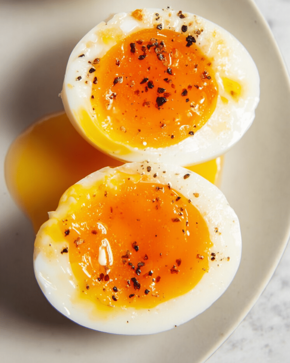 A close-up of two soft-boiled eggs cut in half placed on a white plate, each egg showing three layers: a smooth bright white outer egg white, a firm but tender white layer inside, and a glossy, bright orange runny yolk in the center, sprinkled with small black pepper flakes. The yolk looks shiny and slightly thick, with some dripping onto the white part. The background shows a white marbled texture. photo taken with an iphone --ar 4:5 --v 7