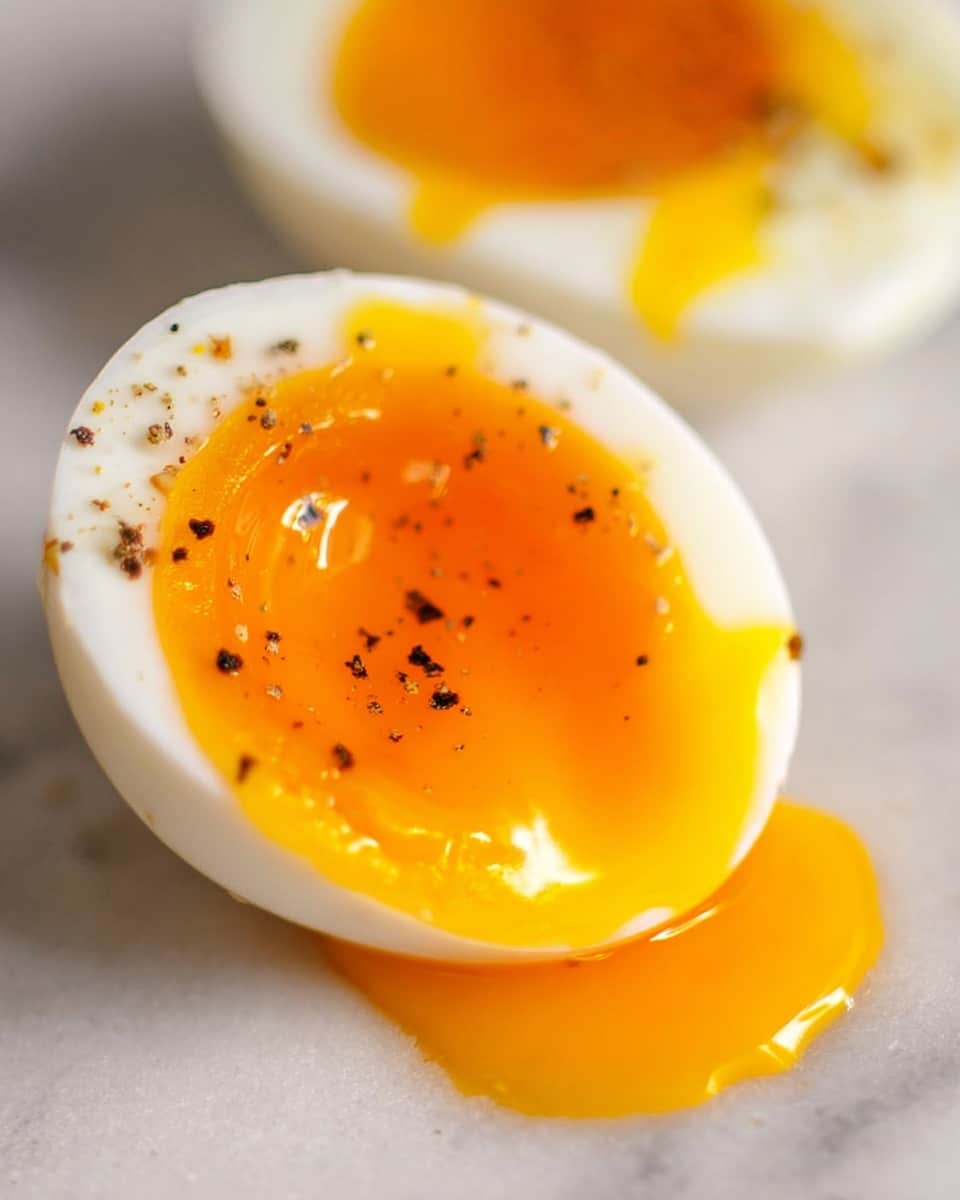 The image shows a close-up of one halved soft-boiled egg with a glossy, bright orange yolk that is slightly runny and spilling onto a smooth white surface. The egg white is firm and opaque, creating a clear contrast with the yolk. Small black pepper flakes are scattered on top of the yolk, adding texture and color. Another egg half is blurred in the background, showing the same bright yolk and white combination. The whole scene is set on a clean, white marbled surface. photo taken with an iphone --ar 4:5 --v 7