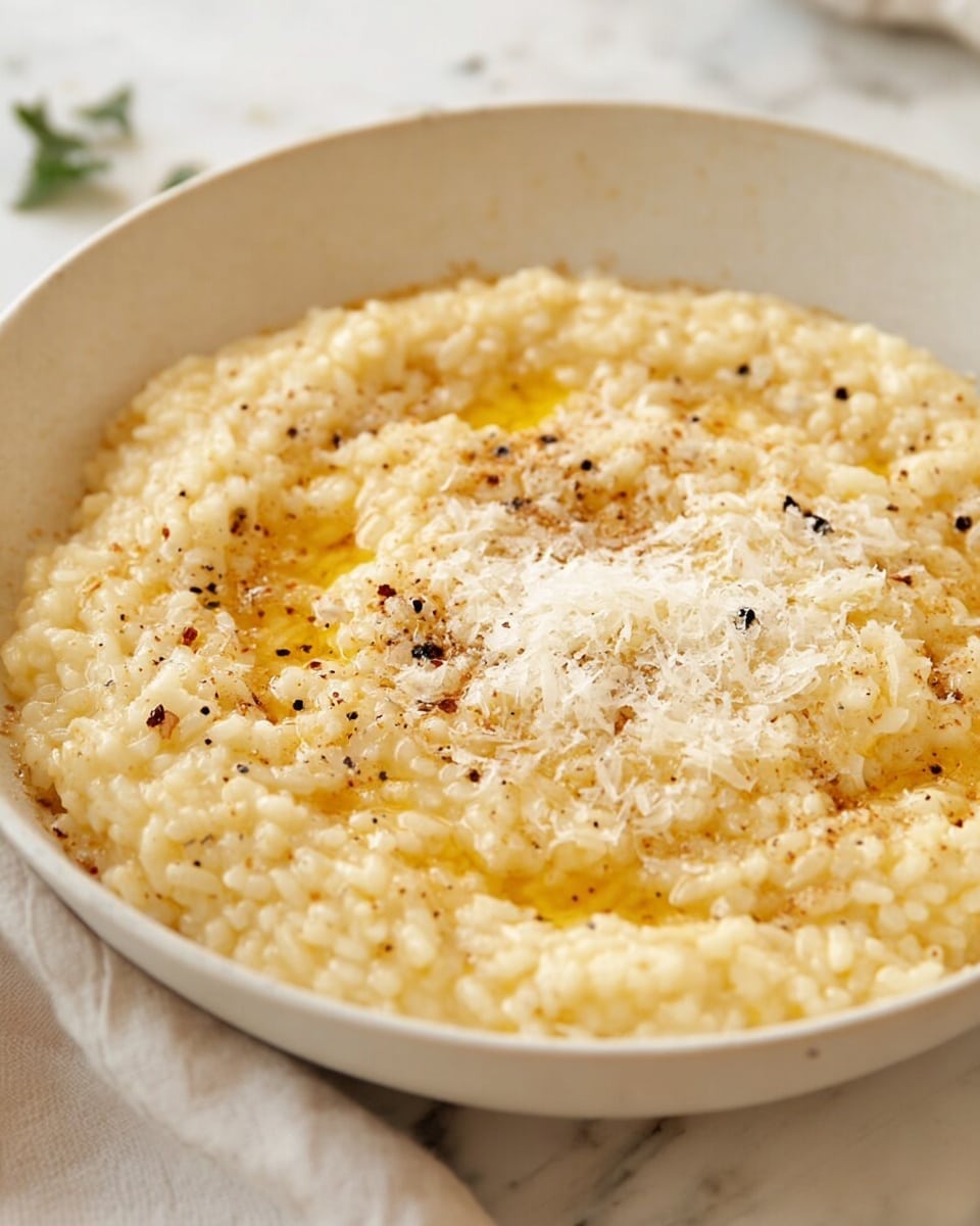 A close-up of a bowl filled with creamy risotto, showing one main layer of soft, light golden rice grains cooked to a smooth texture. The top surface is sprinkled with finely grated white cheese and dotted with small pats of melted butter creating shiny golden pools. There are small black pepper flakes spread evenly over the risotto, adding contrast. The bowl is white and sits on a white marbled surface. The background is softly blurred with light neutral tones. Photo taken with an iphone --ar 4:5 --v 7