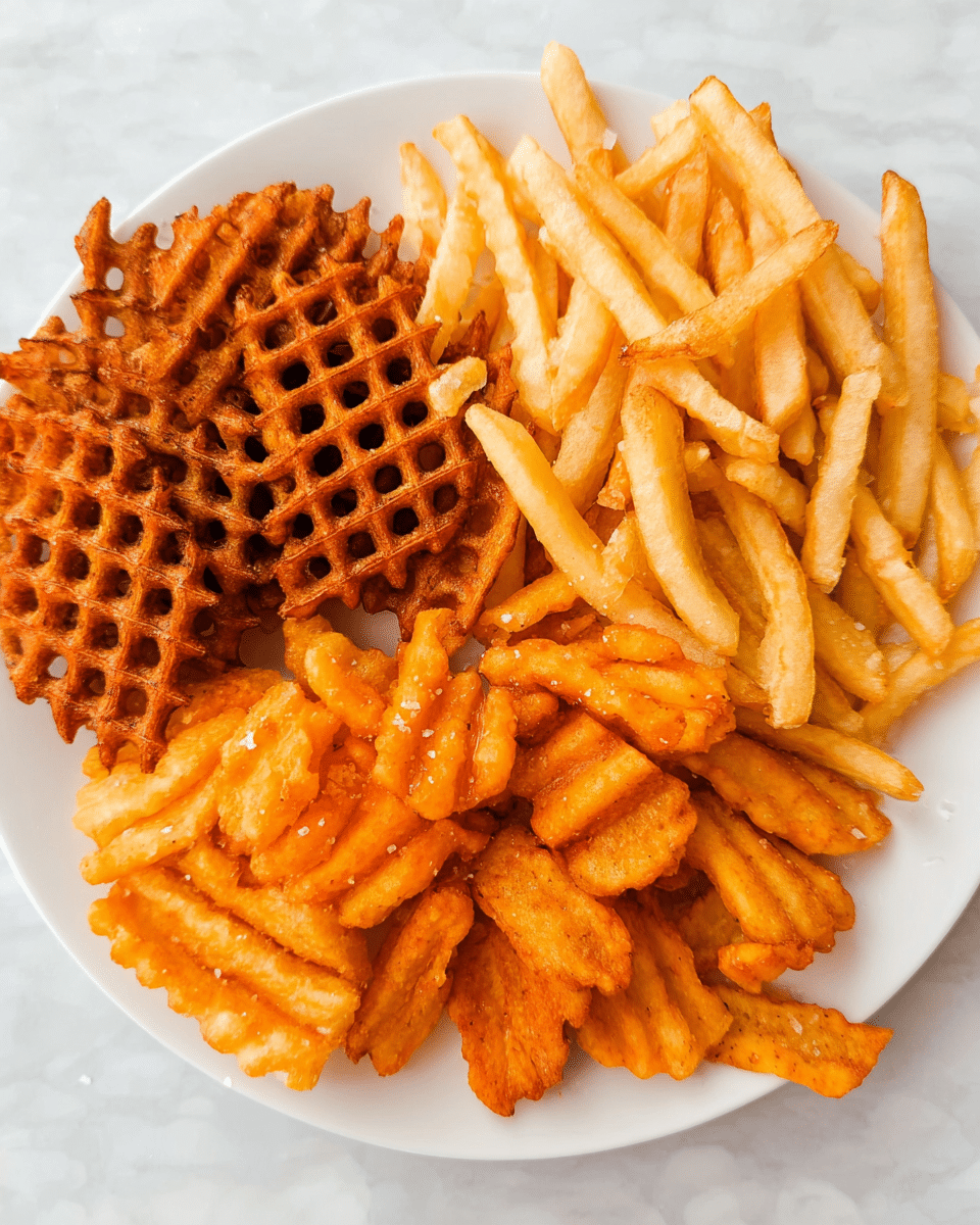 A white plate filled with four types of fries arranged in separate sections: dark orange crispy waffle fries with a grid pattern on the top left, thin light golden straight fries on the top right, slightly thicker light golden straight fries on the bottom left, and thick orange crinkle-cut fries on the bottom right. The fries have a mix of crunchy and airy textures with visible salt grains. The plate is placed on a white marbled surface. photo taken with an iphone --ar 4:5 --v 7