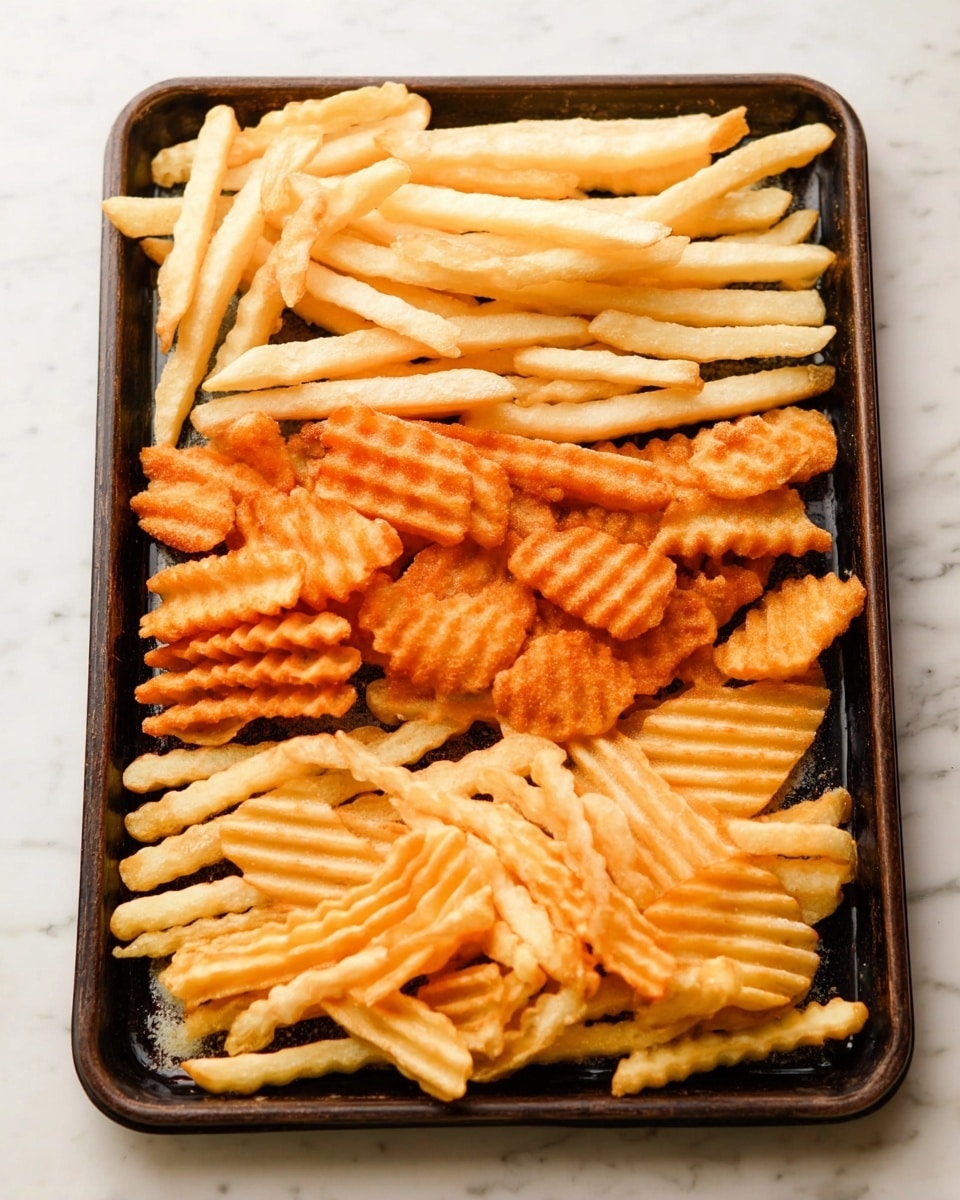 A tray filled with four different types of frozen fries arranged in neat horizontal layers from top to bottom: the top layer has straight, thick, pale yellow fries; below it are dark orange, waffle-cut fries with a textured lattice pattern; the third layer contains golden, crinkle-cut fries with a wavy surface; and the bottom layer features thin, pale yellow shoestring fries with a smooth texture. The tray is dark and rectangular, placed on a white marbled surface. photo taken with an iphone --ar 4:5 --v 7