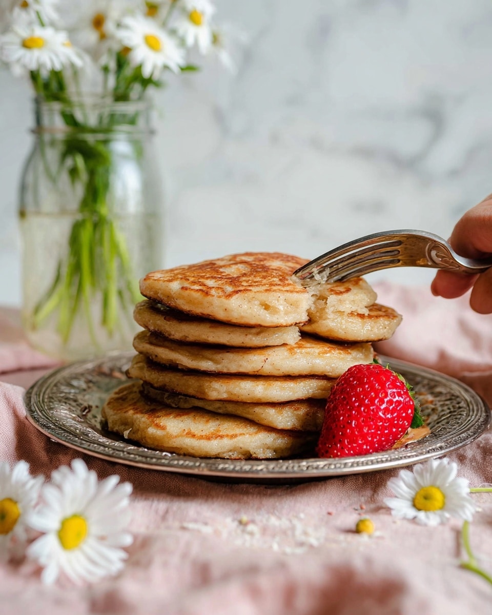 A stack of five golden brown pancakes sits slightly uneven on a detailed silver plate, each pancake thick with a soft texture showing through the edges. The top pancake is being pressed lightly by a fork held by a woman's hand from the right side. Two bright red strawberries rest beside the stack on the plate. The plate is placed on a light pink cloth with small white daisies scattered in the foreground. In the background, a glass jar with water and more green-stemmed white daisies is slightly out of focus against a white marbled texture. photo taken with an iphone --ar 4:5 --v 7