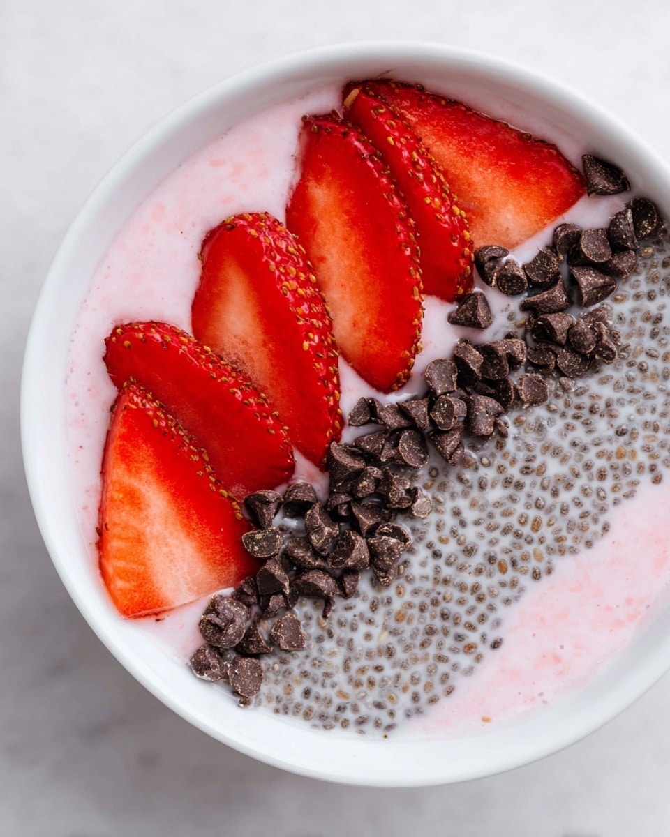 A white bowl holds three main layers: a bottom layer of light pink yogurt with a smooth texture, a right side thick layer of gray chia seeds soaked in liquid creating a gel-like surface, and fresh, sliced strawberries arranged in a row across the middle-left. Dark brown chocolate chips are scattered mainly on the right and towards the bottom of the strawberries, with tiny black chia seeds sprinkled lightly over the strawberries and yogurt. The bowl sits on a white marbled surface. Photo taken with an iphone --ar 4:5 --v 7