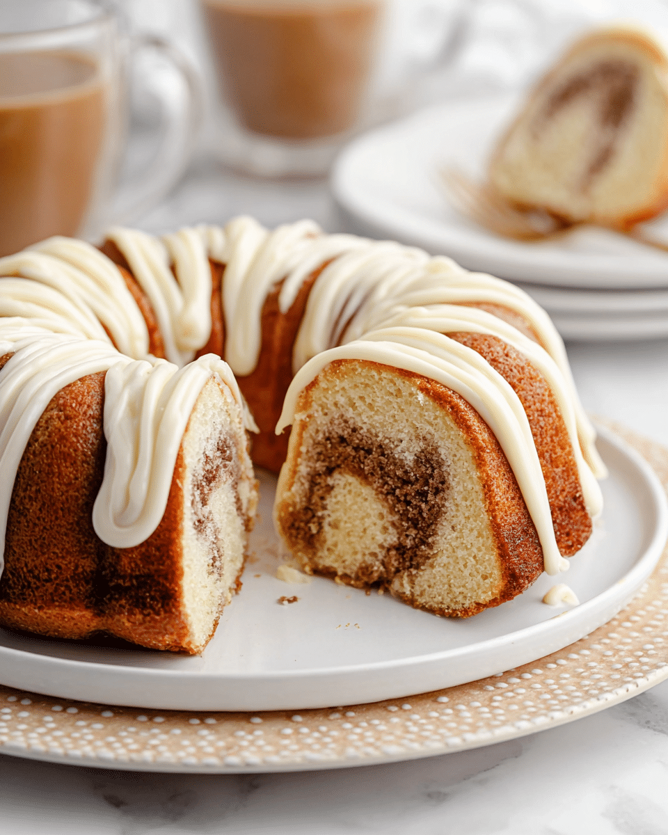The image shows a round bundt cake with a light golden brown crust and a soft, moist inside. The cake has one visible layer of cinnamon swirl near the middle, which is darker brown with a slightly grainy texture. On top, thick white icing is piped in wide, smooth ribbons in a zigzag pattern around the cake. A slice is cut and placed slightly out from the bundt shape, revealing the cinnamon swirl inside and the crumb texture of the cake. The cake sits on a white plate placed on a beige charger with embossed dots, against a white marbled textured surface. In the background, a white plate holds a similar slice, and clear glass mugs with light brown coffee or tea add a soft, warm touch to the scene. photo taken with an iphone --ar 4:5 --v 7