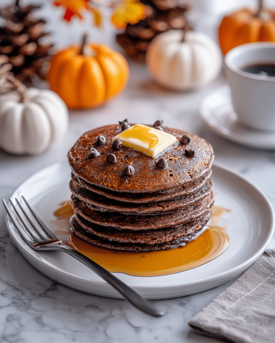 A stack of six dark brown pancakes with visible chocolate chips sits on a white plate, drizzled with golden maple syrup pooling at the base. A small square of butter melts on top of the stack, slightly glossy from the syrup. To the left of the plate is a silver fork, and the setting is on a white marbled surface. In the background, there are blurred fall decorations including pinecones and small white and orange pumpkins. photo taken with an iphone --ar 4:5 --v 7