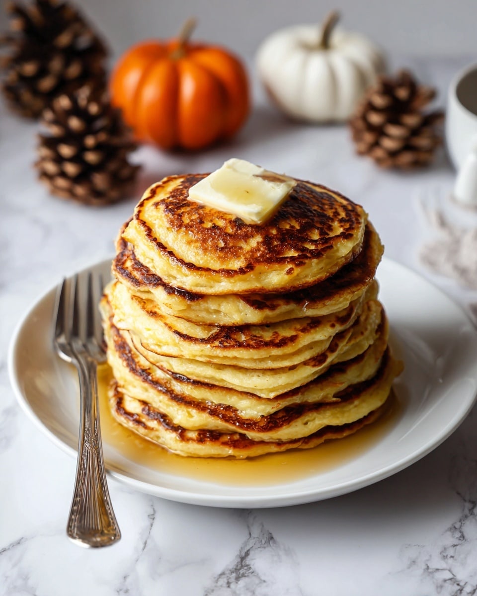 A stack of seven thick, golden-brown pancakes with visible darker spots of cooked batter sits in the middle of a white plate. The pancakes are layered one on top of the other, topped with a small square of melting butter. Golden syrup pools around the base of the stack, slightly flowing over the edges of the pancakes. To the left of the plate is a silver fork, its handle resting on the plate’s edge. The plate is placed on a white marbled surface. In the soft background are two pine cones, an orange mini pumpkin, and a white pumpkin slightly out of focus. Photo taken with an iphone --ar 4:5 --v 7
