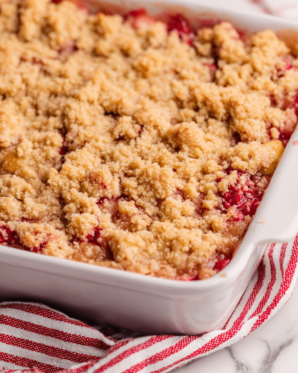 A close-up of a square piece of cake on a white plate, showing three clear layers: the bottom layer is a thick, soft, yellow sponge cake with a light crumb texture; the middle layer has a mix of pinkish fruit pieces embedded in a crumbly, light brown streusel topping; and the top features a smooth, white swirl of whipped cream dolloped on the center. The background is a white marbled texture with part of another piece of the same cake slightly blurred in the distance. Photo taken with an iphone --ar 4:5 --v 7