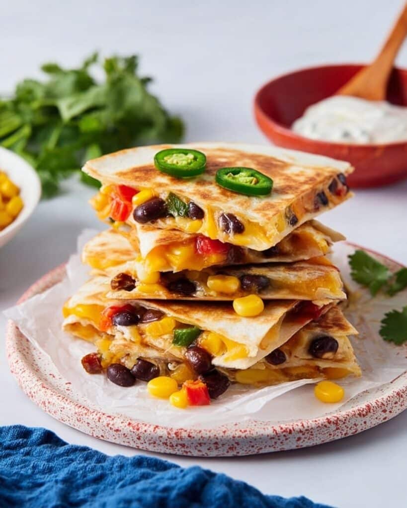 Cheddar and Monterey Jack Black Bean Quesadilla with Roasted Vegetables Recipe