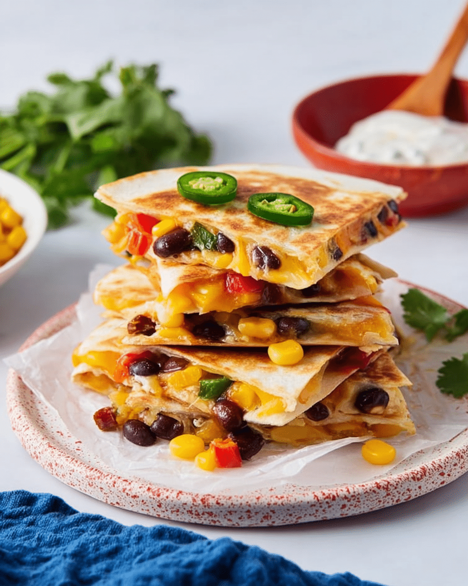A stack of four folded quesadilla triangles is placed on white parchment paper on a white plate with red speckles. Each quesadilla layer is golden brown with a slight crisp on the outside, filled with melted yellow cheese, black beans, corn, small red bell pepper pieces, and slices of green jalapeño, some resting on top and some inside. The quesadillas are arranged in a tall, slightly leaning tower, with some toppings spilling out between layers. In the background, there is a small white bowl with a red interior filled with a white creamy dip, and a blurred white bowl with a wooden spoon beside fresh green cilantro on a white marbled surface. A blue cloth is partially visible at the bottom edge. Photo taken with an iphone --ar 4:5 --v 7