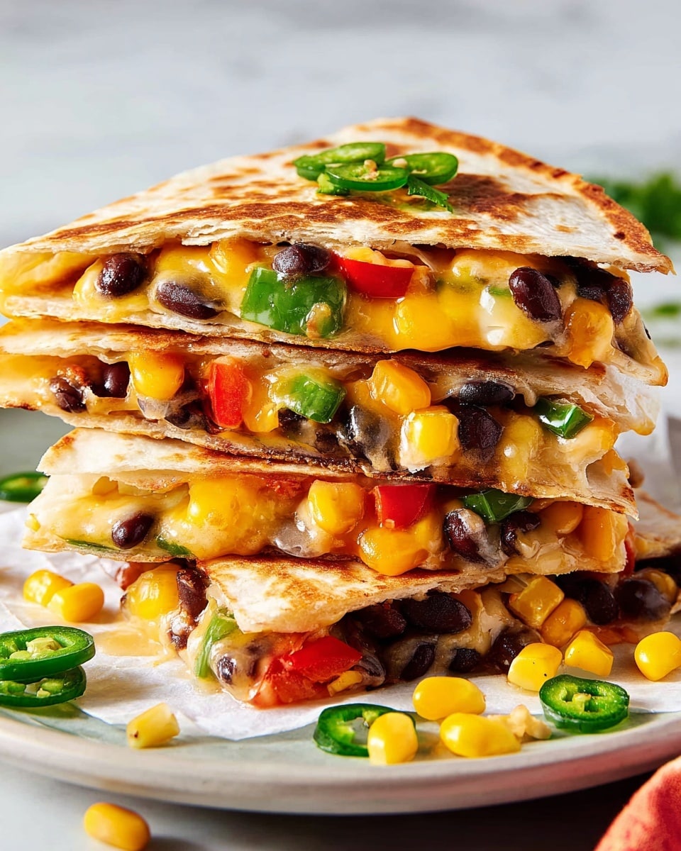 A stack of four folded quesadilla quarters is placed on white parchment paper on a white plate, each quarter showing layers of golden toasted tortilla with a slightly crispy texture. Between each tortilla layer, vibrant ingredients such as melted yellow and white cheese, dark black beans, bright yellow corn, chopped red bell peppers, and fresh green jalapeño slices are visible, with some filling slightly oozing out. The stack shows the layered mix of creamy cheese and colorful vegetables inside the warm tortillas, with some scattered green onions and corn kernels on the plate. The background is a white marbled texture. Photo taken with an iphone --ar 4:5 --v 7