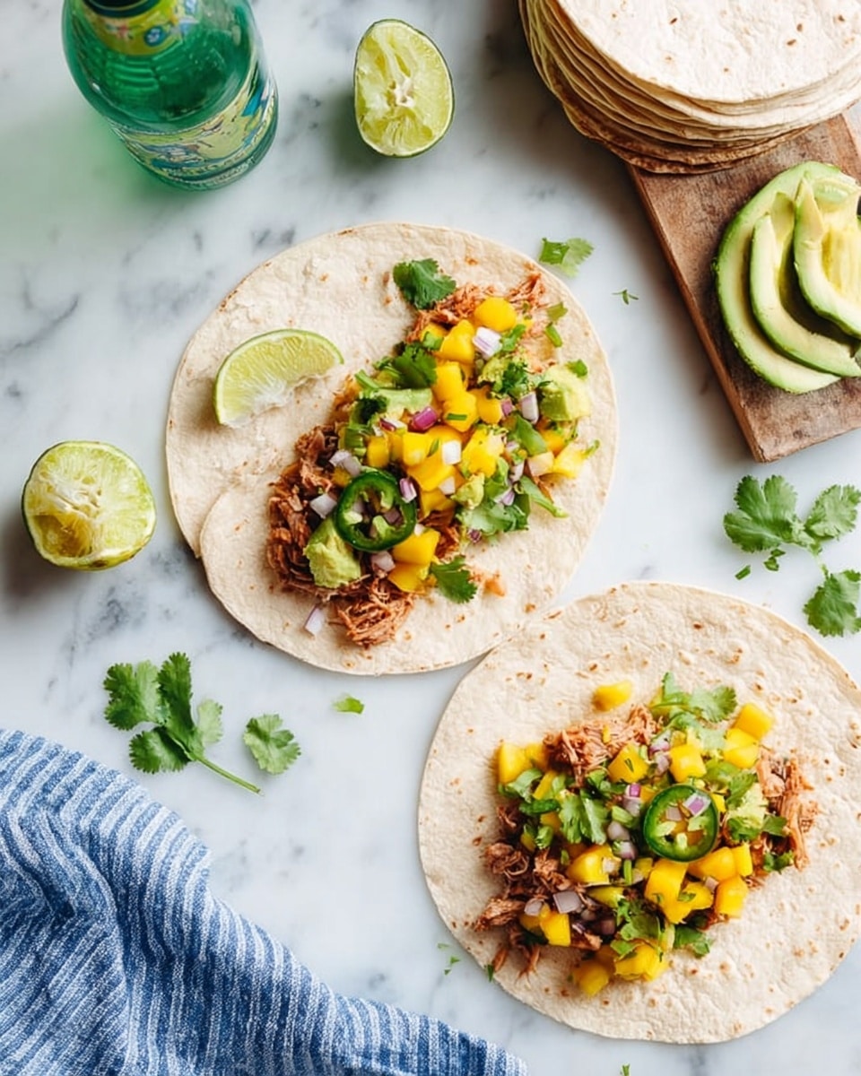 Two white corn tortillas lie on a white marbled surface; one tortilla is folded with fillings visible, while the other is open showing shredded meat topped with diced bright yellow mango, light green avocado chunks, sliced green jalapeño peppers, small pieces of red onion, and fresh green cilantro leaves. Nearby are three plain white corn tortillas stacked, a halved lime, a clear bottle with green tint, and a wooden board holding some avocado slices and another lime wedge. A blue and white striped cloth is partly visible on the side. The scene is bright and fresh, showcasing colorful, fresh ingredients on soft tortillas. photo taken with an iphone --ar 4:5 --v 7