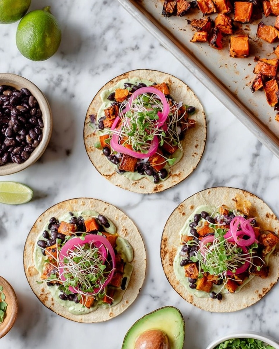 Two soft corn tortillas lie flat on a white marbled surface, each topped with several layers: a base of creamy green sauce, followed by bright orange roasted sweet potato chunks, scattered black beans, thinly sliced pink pickled onions, and green microgreens sprinkled on top. Nearby, a white bowl holds extra black beans with a spoon inside, and two lime halves rest on the surface. The colors of the ingredients contrast nicely with the lightly charred tortillas and clean background. Photo taken with an iphone --ar 4:5 --v 7