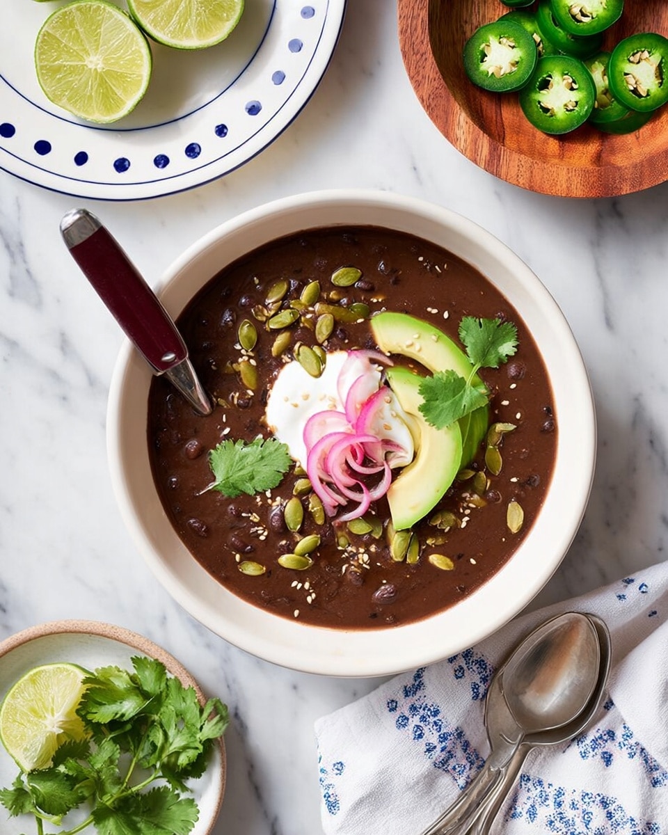 A white bowl filled with dark black bean soup is the main focus, topped with three bright green avocado slices placed on one side, a dollop of white sour cream in the center, thin pink pickled onion slices on top of the sour cream, scattered green jalapeño slices and some pumpkin seeds spread across the surface, and a fresh green cilantro leaf near the sour cream. A spoon with a dark red handle rests inside the bowl on the left side. Around the bowl, there is a wooden dish filled with sliced green jalapeños, two lime halves near the top, fresh cilantro on a white plate with blue dots on the left, and a silver spoon with a white and blue cloth on the right, all set on a white marbled surface. Photo taken with an iphone --ar 4:5 --v 7