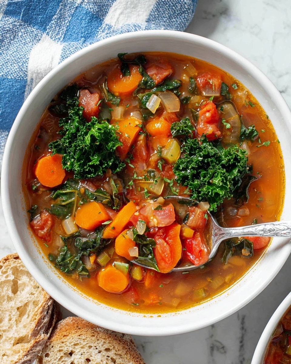 Two white bowls filled with a colorful vegetable soup that has visible layers of diced orange carrots, chopped green kale, light brown lentils, celery slices, red tomatoes, and chickpeas, all mixed in a rich broth. One bowl shows a silver spoon with a wooden handle resting inside, partially submerged in the soup, while the other bowl has a ladle scooping the soup. Surrounding the bowls are slices of toasted bread on the left, fresh green parsley at the bottom right, a small round wooden dish with red pepper flakes, and part of a round white candle on the right side, all placed on a white marbled surface with a blue and white checkered cloth. Photo taken with an iphone --ar 4:5 --v 7