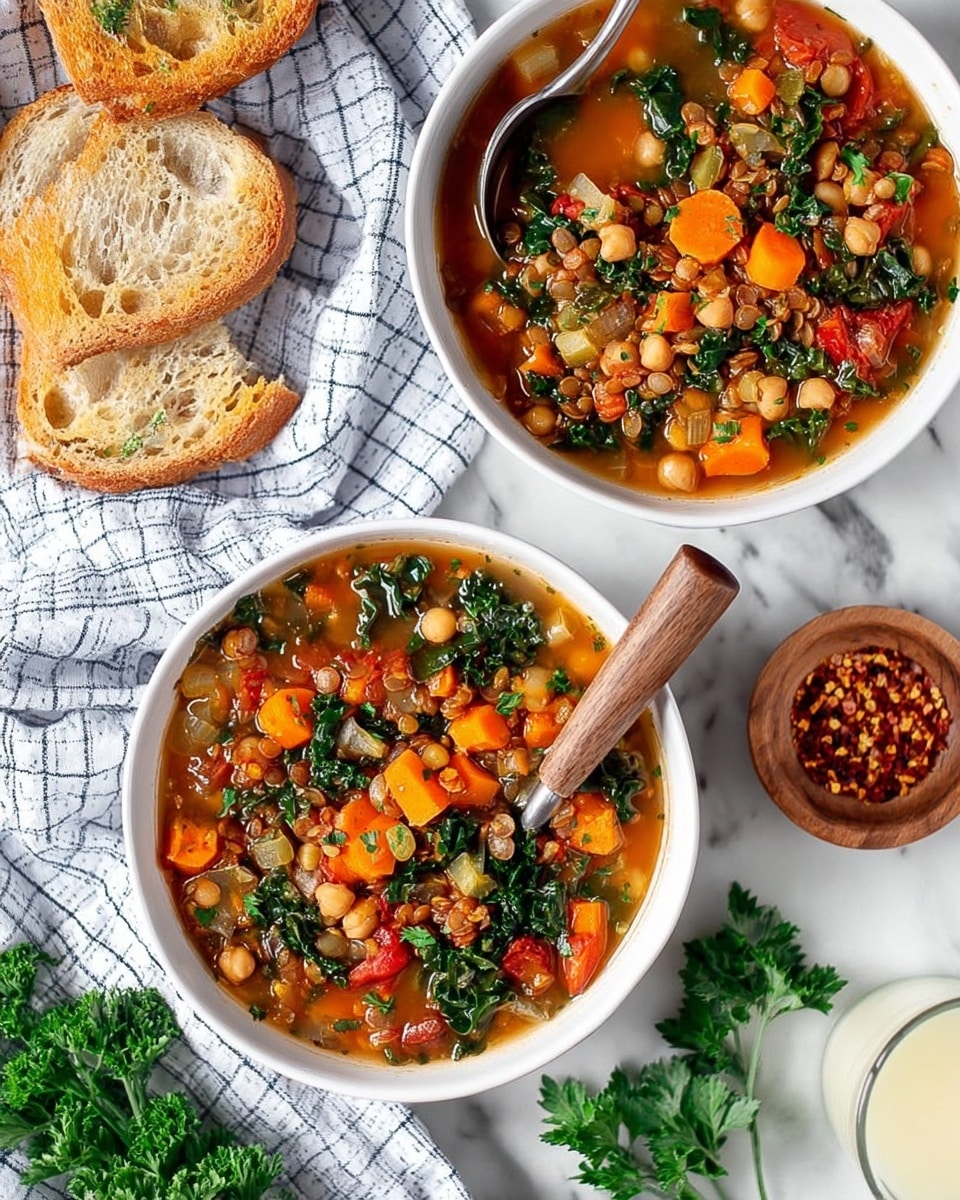 A white bowl filled with a colorful vegetable soup showing about five layers of mixed ingredients; the bottom layer is a light reddish-brown broth, followed by small diced tomatoes in red and soft white onions; next there are bright orange carrot slices and light green celery pieces scattered throughout, with dark green leafy kale sitting on top in three clusters. A silver spoon rests inside the bowl, scooping some of the soup, and a white marbled surface is underneath with a piece of rustic bread near the bowl's edge. A blue and white checkered cloth is partially visible in the background. Photo taken with an iphone --ar 4:5 --v 7