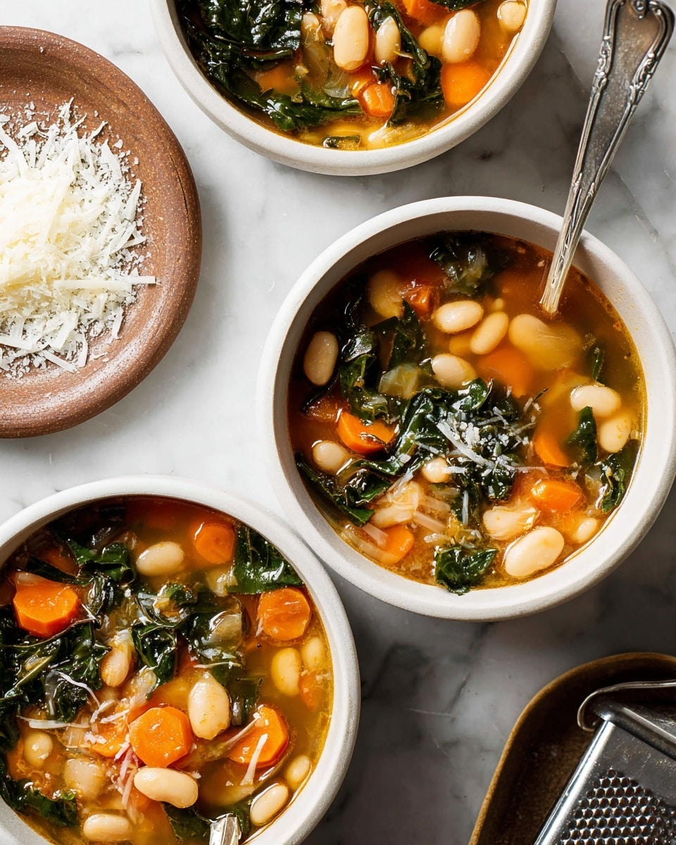 Three white bowls filled with vegetable bean soup sit on a white marbled texture. The soup has four visible layers: a light brown broth base, large white beans, bright orange carrot chunks, and dark green leafy vegetables floating on top. Two bowls include silver spoons resting inside, while the third bowl is partially visible near the top. Next to the bowls is a rustic brown plate holding finely grated white cheese scattered around and on a metal cheese grater. The soft natural light enhances the fresh colors and textures of the ingredients. Photo taken with an iphone --ar 4:5 --v 7