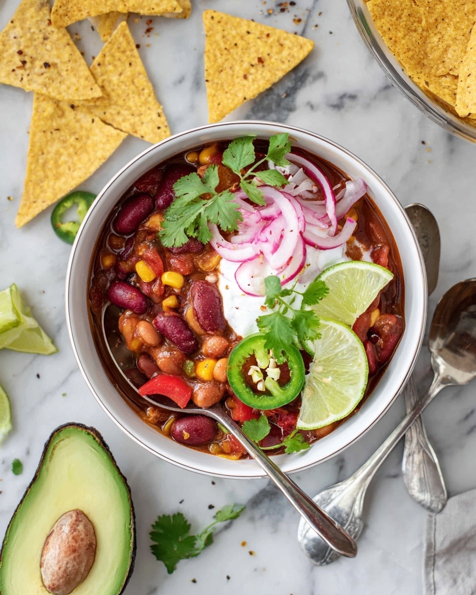 The image shows a white bowl filled with a colorful bean chili that has red kidney beans, light brown pinto beans, yellow corn, and red bell peppers in a rich sauce. On top, there is a dollop of white sour cream, thin curled slices of bright pink pickled onions, two round slices of lime, green jalapeño slices, and fresh green cilantro leaves. Around the bowl, there are large triangular yellow corn tortilla chips with seasoning scattered on a white marbled surface, along with a halved avocado showing its light green flesh and brown seed. Two silver spoons lie near the bowl, with one partly inside the chili. Photo taken with an iphone --ar 4:5 --v 7