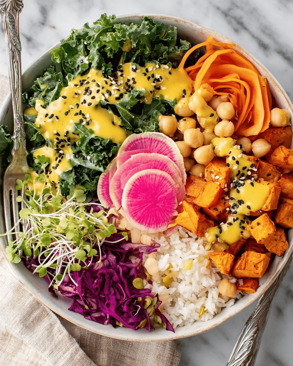 A white speckled bowl on a white marbled surface holds a neatly arranged salad with seven layers. Starting from the left, there are light beige chickpeas next to curly dark green kale leaves drizzled with a yellow dressing. To the right of the kale, thin carrot ribbons curl over a bed of small green sprouts. At the front right of the bowl, there are bright orange roasted sweet potato cubes and two large round slices of pink watermelon radish with white edges and black sesame seeds on top. Between the chickpeas and sweet potatoes, a small serving of light purple cabbage and light brown shredded sauerkraut surround a small pile of beige cooked grains. A silver fork rests inside the bowl near the chickpeas. Around the bowl are small dishes: a glass with a wooden spoon and yellow dressing, a white bowl with shredded sauerkraut, a white plate stacked with more watermelon radish slices, and a small wooden plate with mixed sesame seeds. A woman's hand along with a blue-gray cloth is visible near the bowl. photo taken with an iphone --ar 4:5 --v 7