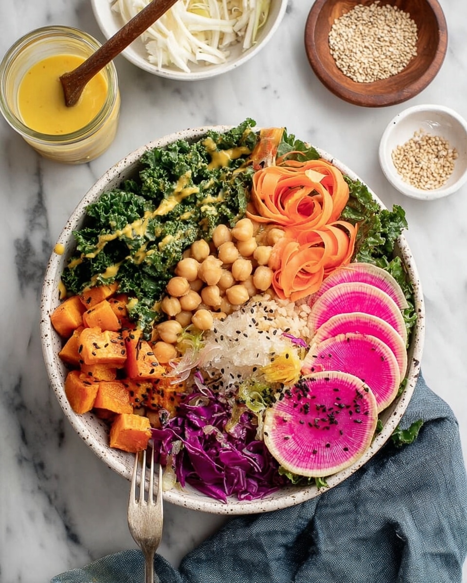 A bowl filled with a colorful layered salad, starting with a base of white rice at the bottom right, topped with roasted orange sweet potato cubes next to it. Above sweet potato, thin peeled ribbons of orange and dark red carrot curl along one edge. Large green kale leaves fill a big section on the left side, drizzled with a smooth yellow dressing and sprinkled with black and white sesame seeds. Next to kale are round beige chickpeas. In the middle, two bright pink radish slices with white edges are placed on top. White shredded cabbage and purple cabbage sit on the lower left of the bowl. Some tiny green sprouts appear near the carrot ribbons. The bowl is white and sits on a white marbled surface. A silver fork rests on the left side inside the bowl. Photo taken with an iphone --ar 4:5 --v 7