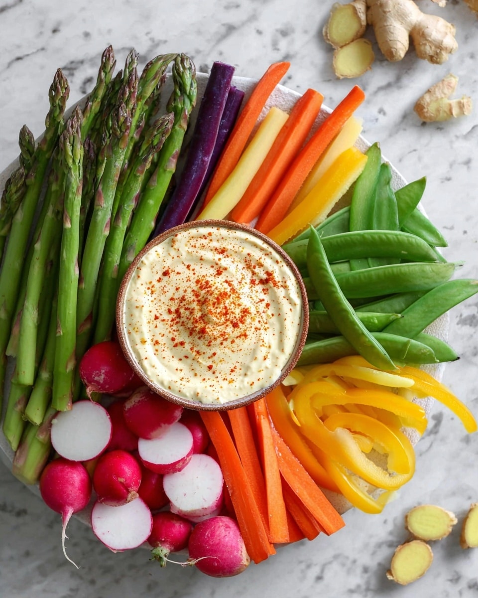 A white plate holds an arrangement of fresh vegetables surrounding a bowl of creamy dip topped with a sprinkle of red spice. At the top left are green asparagus stalks standing upright, next to purple and yellow carrot sticks. To the right, there is a pile of green snap peas. Below the bowl, sliced orange carrot sticks fan out beside a mix of whole and halved radishes in shades of red, pink, and white. On the far right, thin yellow bell pepper strips are placed. The plate rests on a white marbled surface with scattered pieces of ginger around it. Photo taken with an iphone --ar 4:5 --v 7