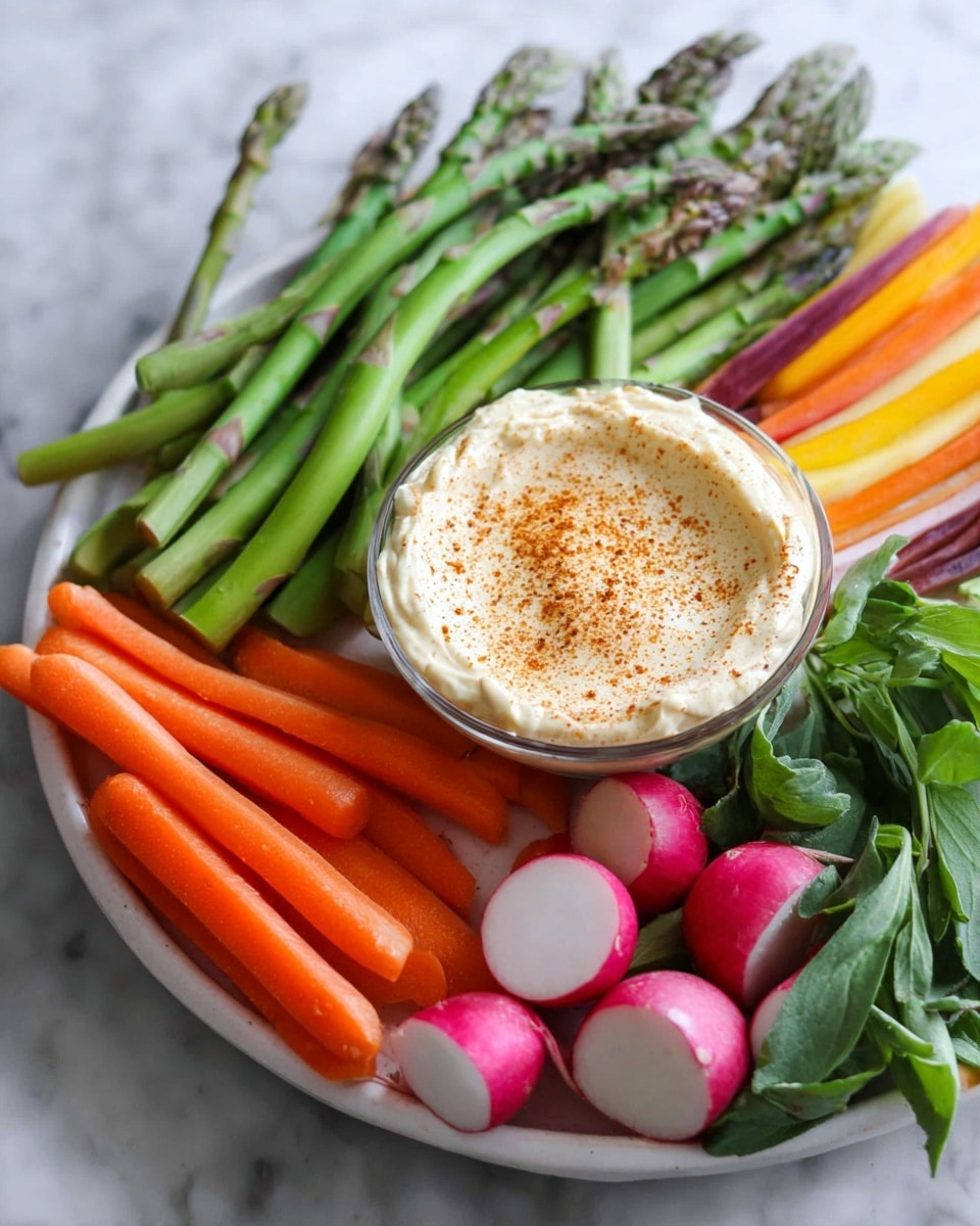 A white plate on a white marbled surface holds a fresh vegetable platter with a glass bowl of creamy dip sprinkled with a light brown spice in the center. Around the bowl are green asparagus stalks on the left, bright orange carrot sticks below, and a cluster of radishes with pink and white skins on the right. In the background, some green leafy vegetables and colorful stalks add more color and texture to the arrangement. The vegetables look fresh and crisp. photo taken with an iphone --ar 4:5 --v 7
