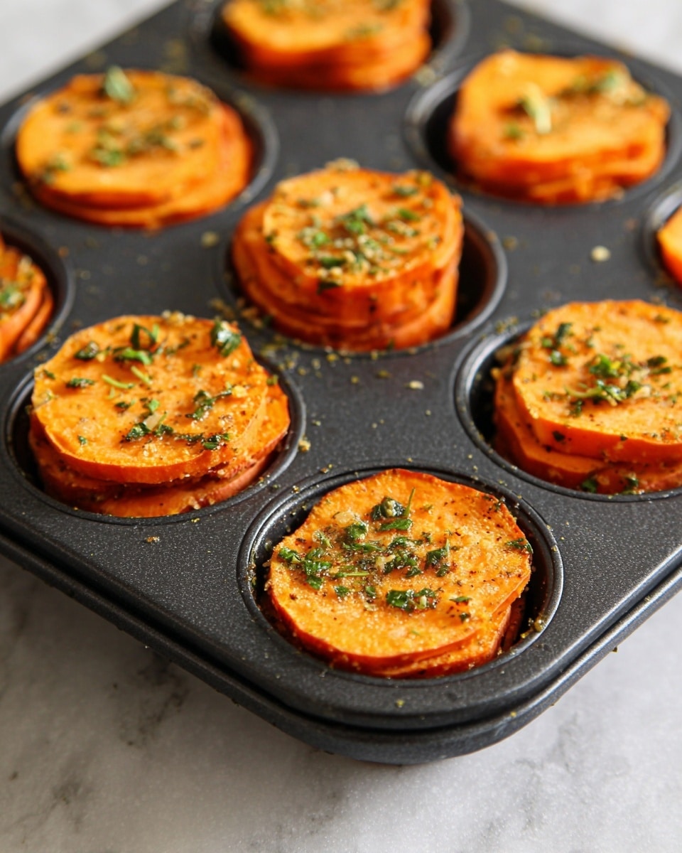 The image shows a close-up of a dark muffin tray with six round compartments, each filled with layered slices of seasoned sweet potatoes. Each stack consists of about five bright orange slices, evenly layered, with small green herb bits and garlic pieces sprinkled on top, giving the slices a slightly rough texture. The muffin tray rests on a white marbled surface. photo taken with an iphone --ar 4:5 --v 7