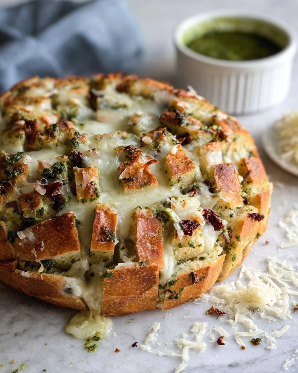 A round bread loaf is cut into many small square pieces, filled with a melted creamy white cheese. Between the cuts, there are green herb layers and small bits of dark red sun-dried tomatoes. The bread looks crispy and golden brown on the outside with cheese bubbling and slightly browned on top. The loaf sits on a white marbled surface with scattered cheese crumbs around. In the background, there is a white bowl filled with green pesto and a white dish containing grated cheese, both slightly blurred. Photo taken with an iphone --ar 4:5 --v 7