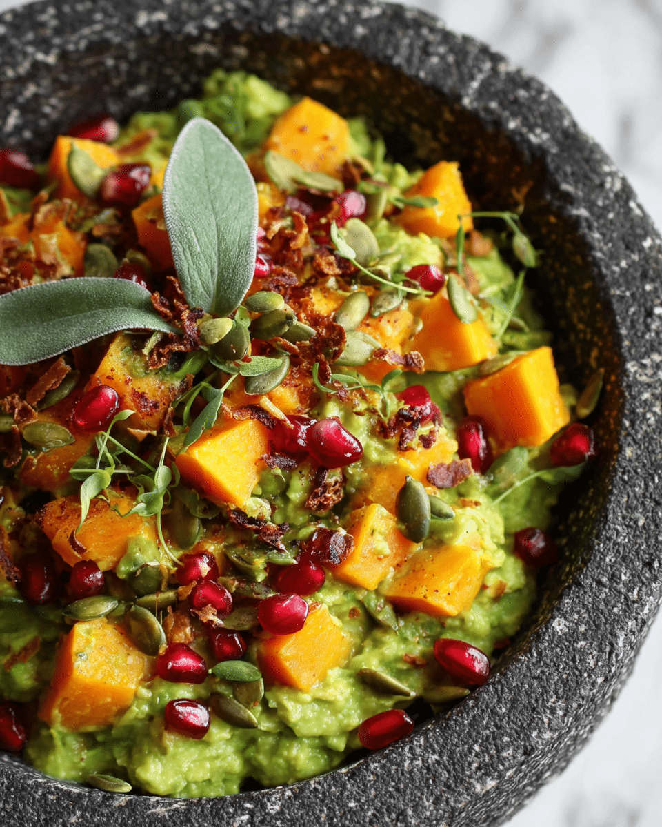 The dish is served in a textured dark stone bowl filled with a vibrant green mashed avocado base. Scattered on top are bright orange cube-shaped squash pieces and shiny red pomegranate seeds. There are small brown crispy bits spread unevenly for crunch, and green pumpkin seeds add extra texture. Fresh green herbs are sprinkled on top along with a couple of green leaves for garnish, creating a colorful mix of textures and layers that fill the bowl. The bowl is placed on a white marbled surface. photo taken with an iphone --ar 4:5 --v 7