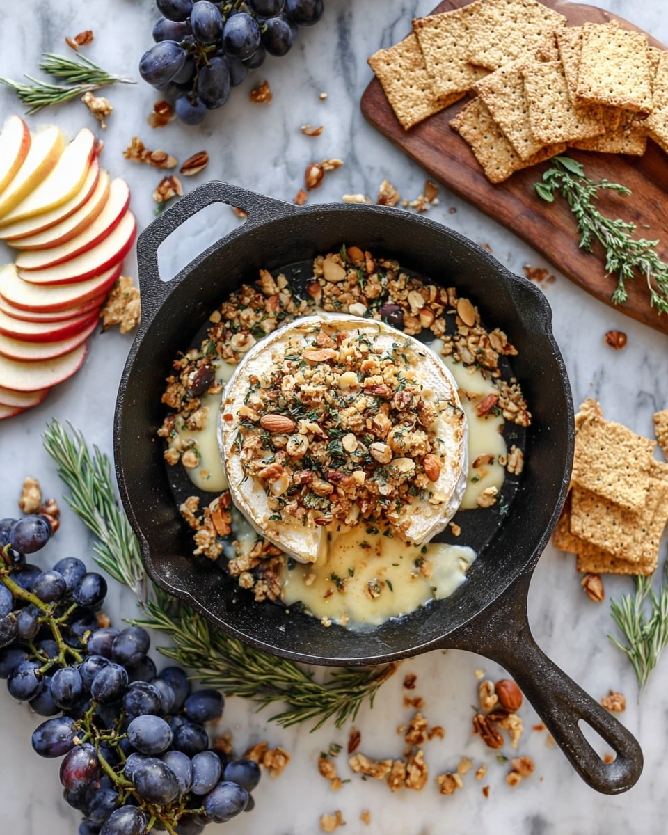 A cast iron skillet sits on a white marbled surface, holding a round wheel of melted cheese topped with a generous layer of toasted granola mixed with sliced almonds and herbs. The cheese is golden brown on top with some creamy melted parts oozing out at the base. Around the skillet are scattered clusters of fresh dark blue grapes, fresh sprigs of green rosemary, thin slices of red and yellow apples nicely fanned out, and a small pile of crispy nut and seed crackers stacked neatly on a wooden board. The whole scene is bright with natural light, creating a fresh and inviting look. photo taken with an iphone --ar 4:5 --v 7