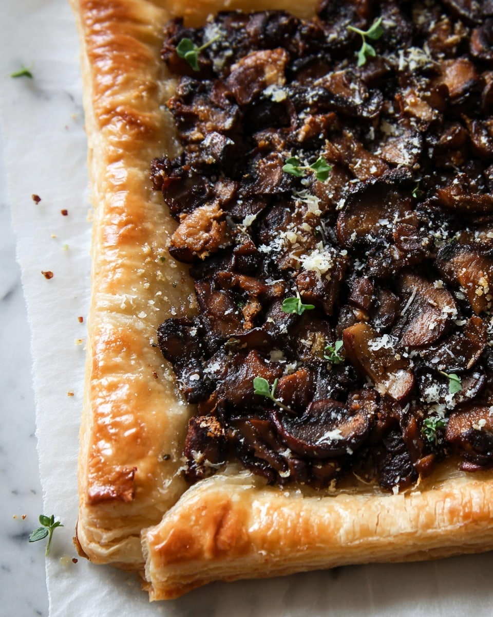 A close-up of a square tart with one visible corner, resting on white parchment paper over a white marbled surface. The tart has a golden-brown, flaky puff pastry crust that is folded up thickly on the edges, showing layered air pockets and a slightly crisp texture. The inside is filled with a dark, rich mixture of small chopped mushrooms and herbs, evenly spread and cooked to a deep brown color with a glossy, slightly caramelized finish. Small green herb leaves and a light sprinkle of grated cheese are scattered on top, adding texture and spots of lighter color across the filling. Photo taken with an iphone --ar 4:5 --v 7