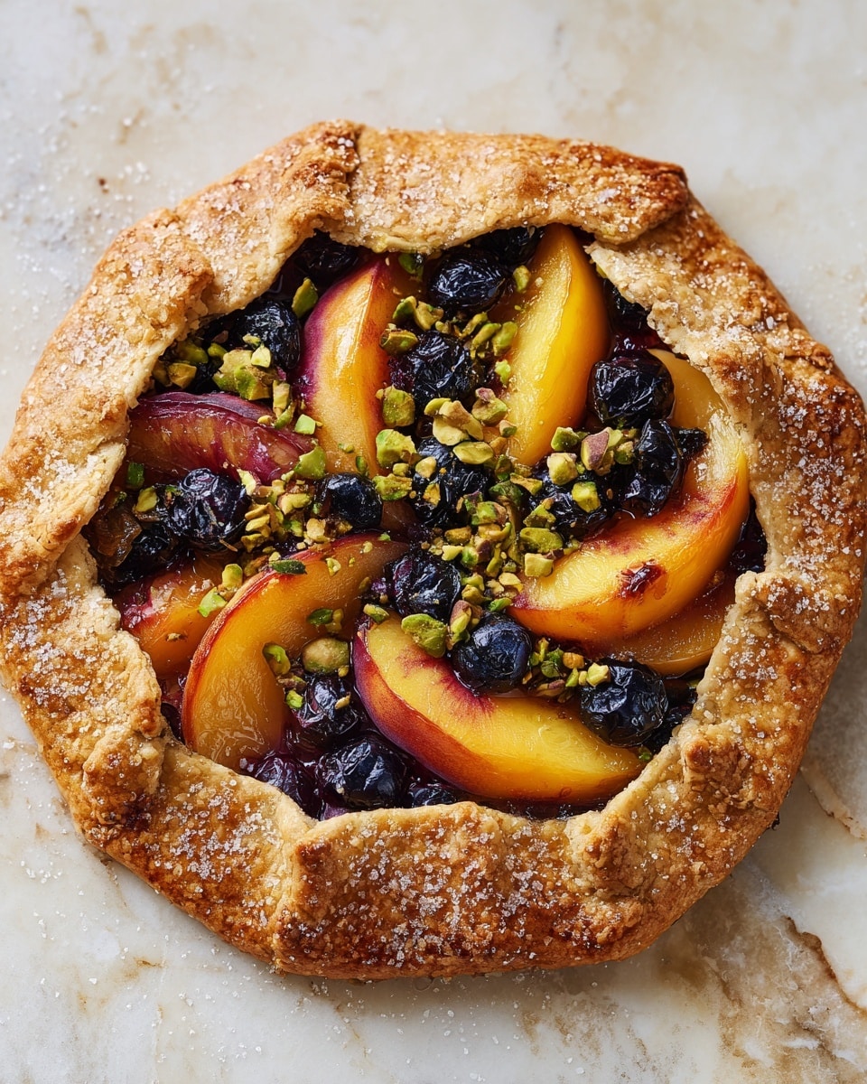 A round rustic galette with a thick, golden-brown crust folded unevenly over the edges, sprinkled with coarse sugar crystals. Inside, there are thick slices of cooked peaches and clusters of dark blueberries that look juicy and slightly caramelized. The fruit filling is topped with roughly chopped, light green pistachio pieces scattered across the top. The galette sits on a white marbled texture. photo taken with an iphone --ar 4:5 --v 7