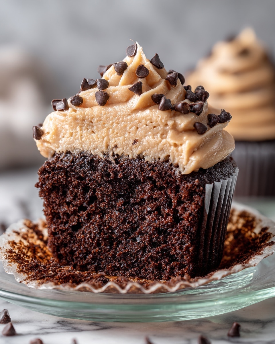 A close-up image of a single chocolate cupcake cut in half, showing two layers: the bottom is dark, moist chocolate cake with a rich, dense texture, and the top layer is creamy light brown frosting that looks smooth and thick, sprinkled with small dark chocolate chips around the edges. The cupcake sits on a clear glass plate that rests on a white marbled surface, with a blurred background. Photo taken with an iphone --ar 4:5 --v 7