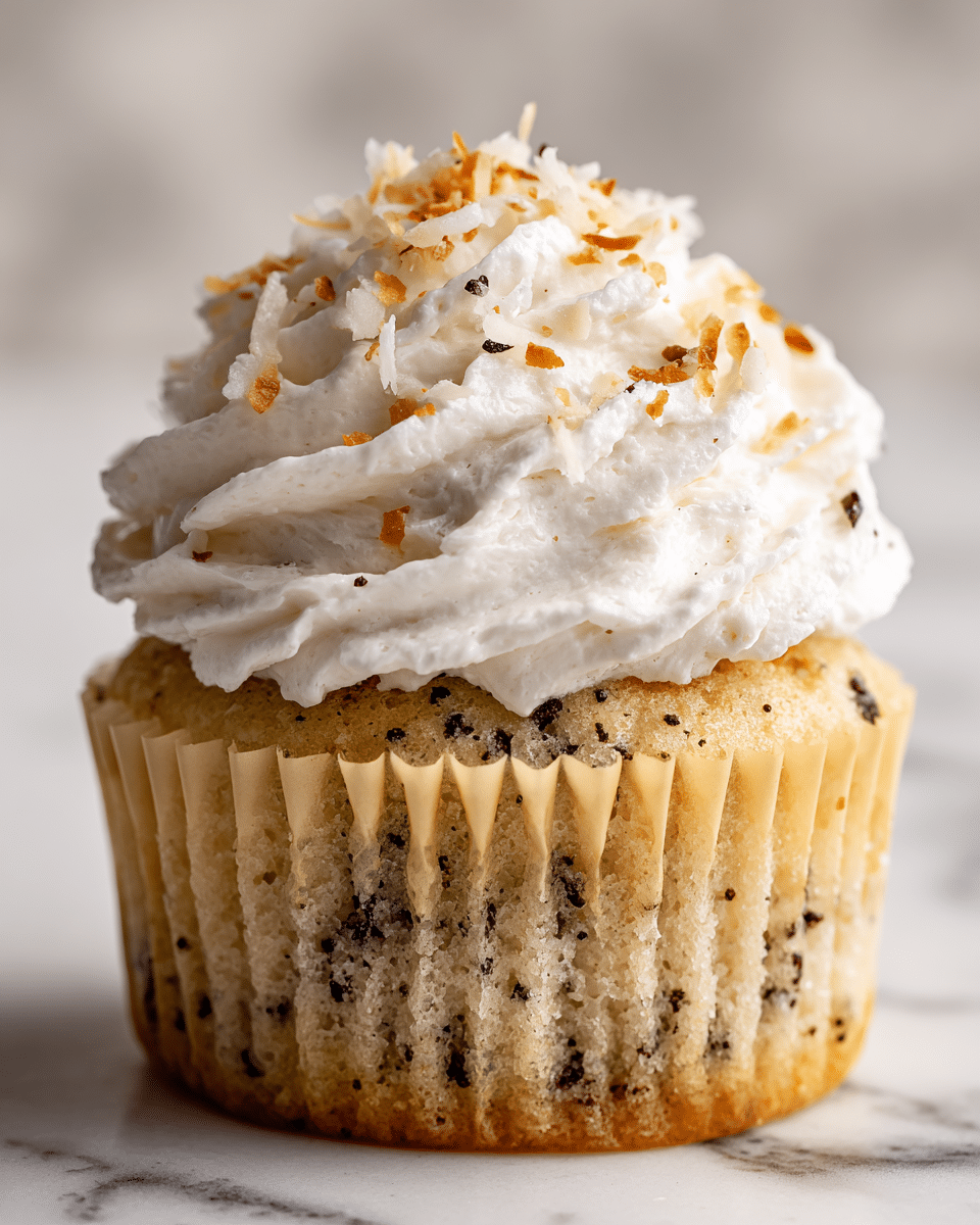 A close-up of a single cupcake with two visible layers: the base is light beige with small dark chocolate chips spread throughout, showing a soft, crumbly texture, and the top layer is thick, white, fluffy frosting with a smooth, creamy appearance, topped with small toasted coconut flakes scattered on it. The cupcake liner is partially peeled back, showing its crinkled texture in a pale yellow color. The background features a white marbled texture and soft, out-of-focus light. photo taken with an iphone --ar 4:5 --v 7