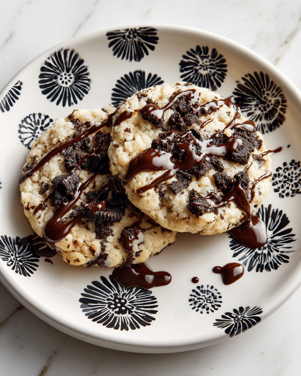The image shows many soft cookies cooling on a wire rack. Each cookie has one thick base layer that is pale with dark cookie chunks mixed in. On top of this layer, there is a shiny, dark brown drizzle of chocolate sauce scattered unevenly. Some cookies also have darker crumbly pieces sprinkled over the chocolate drizzle, adding rough texture. The wire rack is visible underneath, and the background is a white marbled texture. photo taken with an iphone --ar 4:5 --v 7