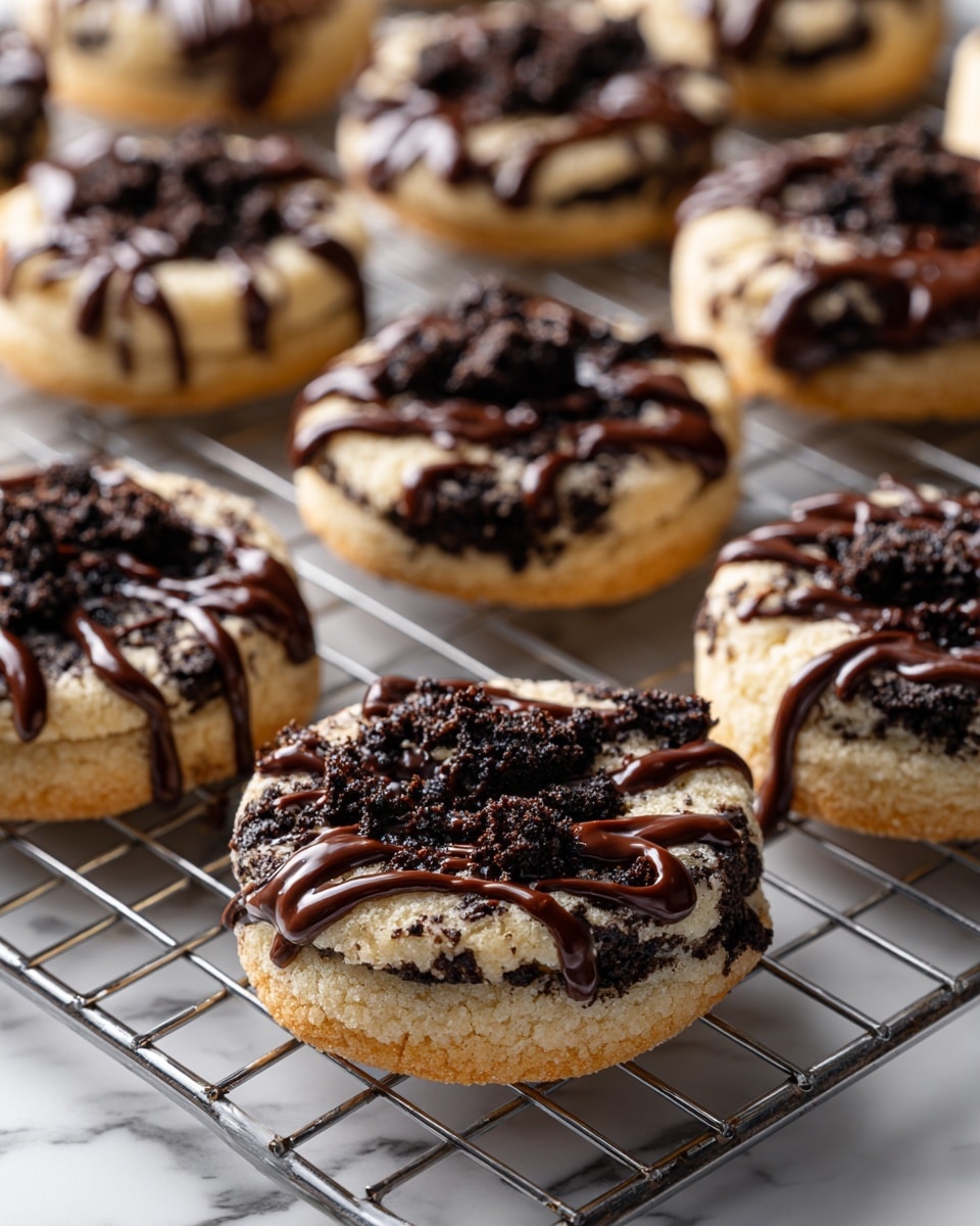 Two cookies on a white plate with black flower patterns, each cookie has a light cream base mixed with dark crumbly bits that appear like crushed chocolate cookies, topped with irregular drizzles and patches of glossy dark brown chocolate sauce. The cookies show a rough texture with soft edges, and the plate is set on a white marbled surface. photo taken with an iphone --ar 4:5 --v 7