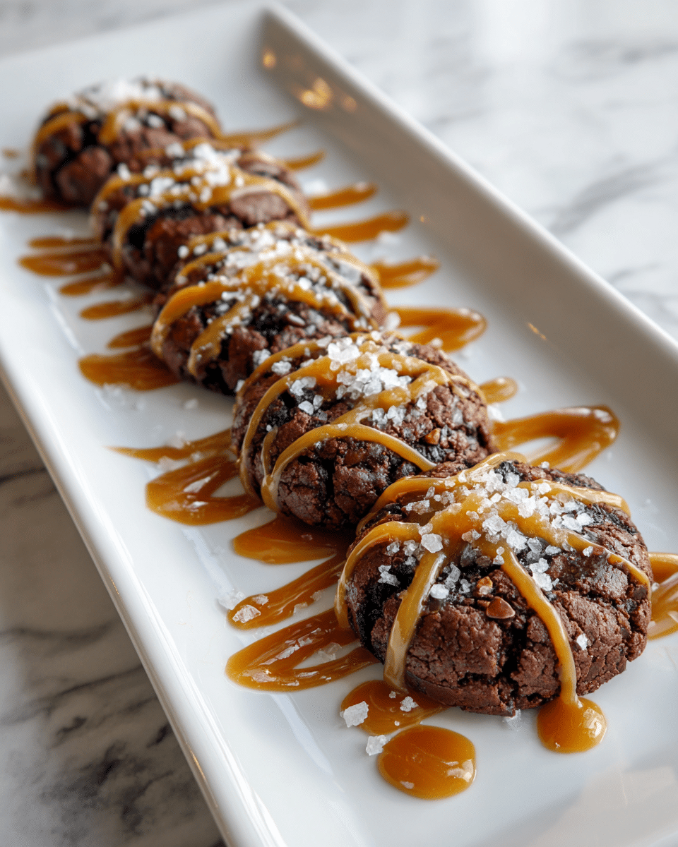 A row of three round, flat, dark brown cookies with a rough texture sits on a white rectangular plate. Each cookie is topped with a light brown caramel drizzle in irregular lines and small white flakes sprinkled on top. The plate is set on a white marbled surface, and the background is softly blurred with warm tones. photo taken with an iphone --ar 4:5 --v 7