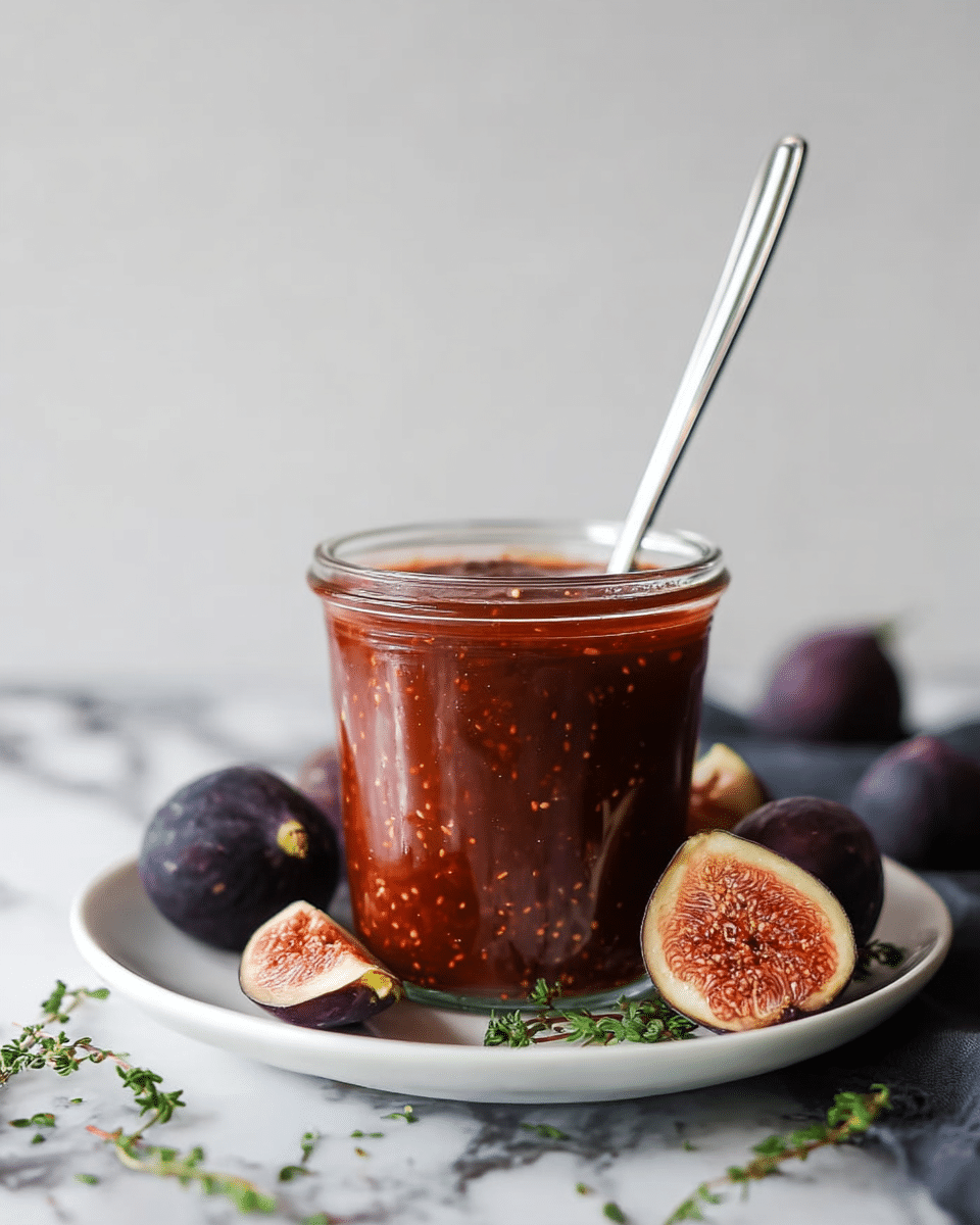 A clear glass jar filled with a thick, deep reddish-brown sauce that has small seeds and specks inside, sitting on a white plate. A metal spoon sticks out from the jar's top. Around the plate, there are whole and halved dark purple figs with a soft, light pink inside texture. The background and surface are white marbled texture with some small green herb pieces scattered near the jar. Photo taken with an iphone --ar 4:5 --v 7