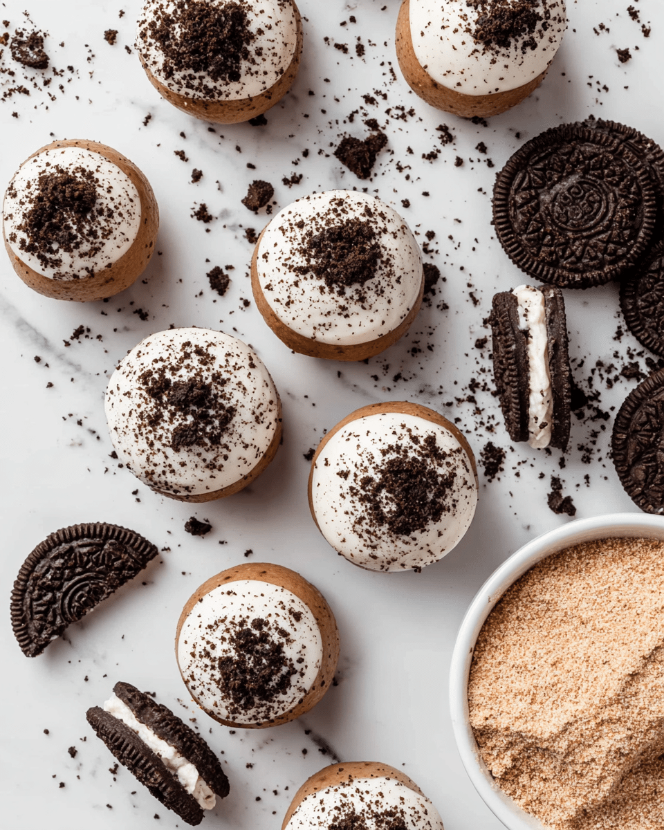 A white bowl filled with six round cookie dough balls, each half dipped in smooth white chocolate on the top with small dark cookie pieces sprinkled over the chocolate layer and a few larger cookie crumbs resting atop. The dough balls are deep brown with visible dark cookie chunks mixed inside. The bowl sits on a white marbled surface scattered with broken dark chocolate sandwich cookies and crumbs, with a soft white cloth next to the bowl. More whole dark sandwich cookies are blurred in the background. Photo taken with an iphone --ar 4:5 --v 7