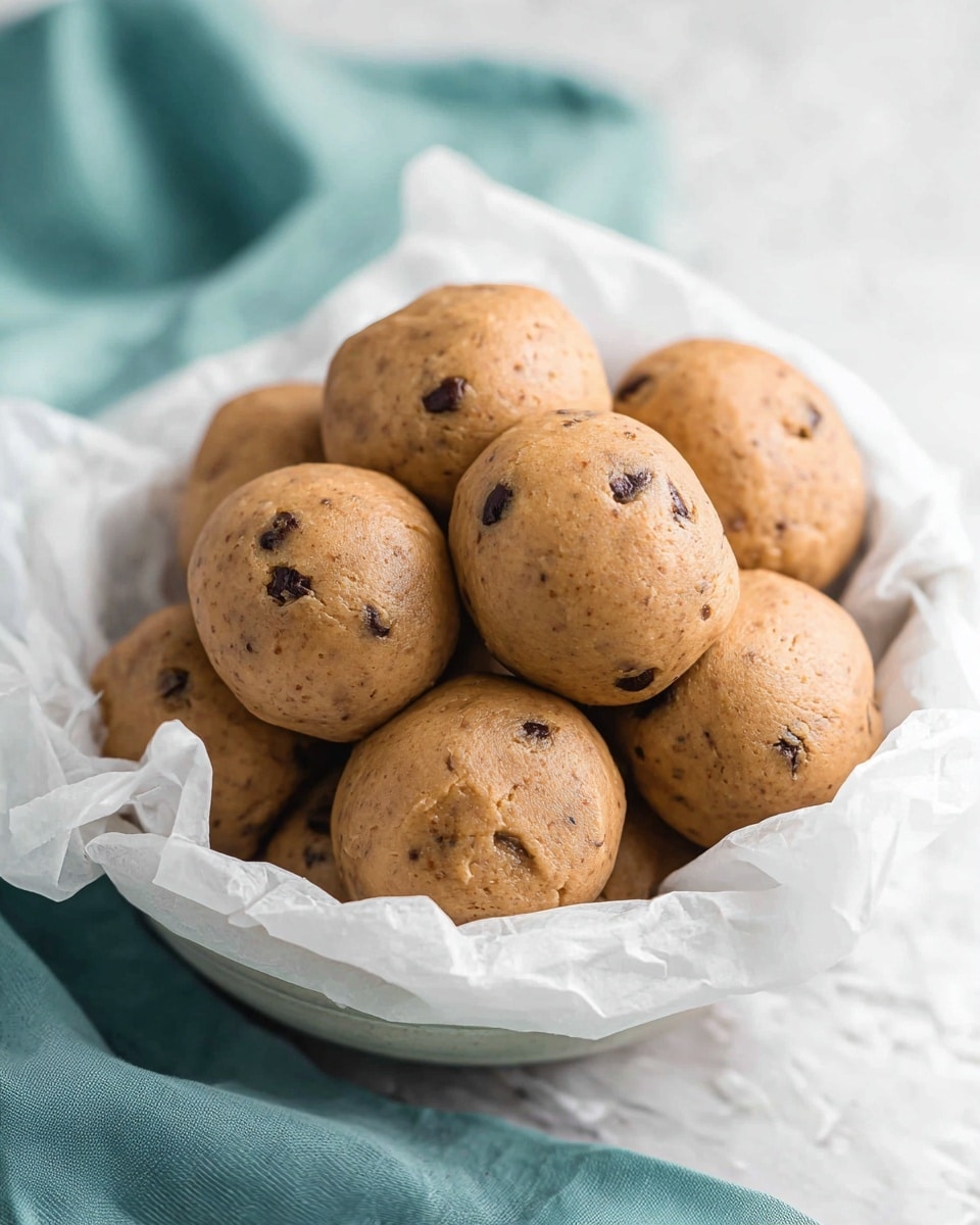 A white basket lined with crumpled white parchment paper holds a pile of round, brown dough balls with visible small dark chocolate chips scattered throughout. The dough balls have a smooth but slightly textured surface, showing some small cracks and crevices. The basket sits on a white marbled textured surface with a soft, folded teal cloth partially visible beside it. The image is bright and clear, capturing the details and softness of the dough balls. photo taken with an iphone --ar 4:5 --v 7
