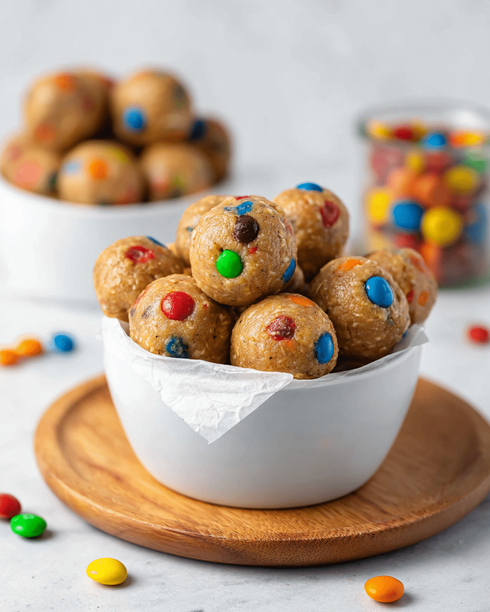 Four round, rough-textured energy bites made of oats and peanut butter sit inside a white ceramic ramekin. Each bite is studded with colorful candy-coated chocolate pieces in red, blue, green, yellow, and orange, some partially embedded and others fully visible, adding bright spots of color against the light tan of the oat mixture. The ramekin is centered on a white marbled surface scattered with matching small candy pieces, creating a playful and inviting setting. photo taken with an iphone --ar 4:5 --v 7