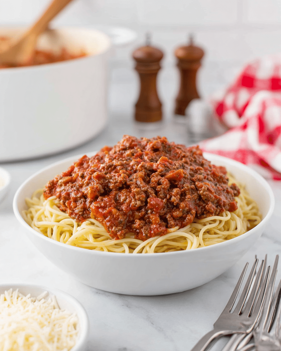 A white bowl filled with two layers: the bottom layer is light yellow cooked spaghetti noodles, smooth and twisted, while the top layer is a thick, chunky brown-red meat sauce with visible bits of ground meat and small pieces of vegetables, spread unevenly over the noodles. The bowl is placed on a white marbled surface with a blurred background showing a white pot with a wooden handle, salt and pepper shakers, and a red and white checkered cloth. In the foreground, a white bowl of grated cheese and two forks rest on the marbled surface. photo taken with an iphone --ar 4:5 --v 7