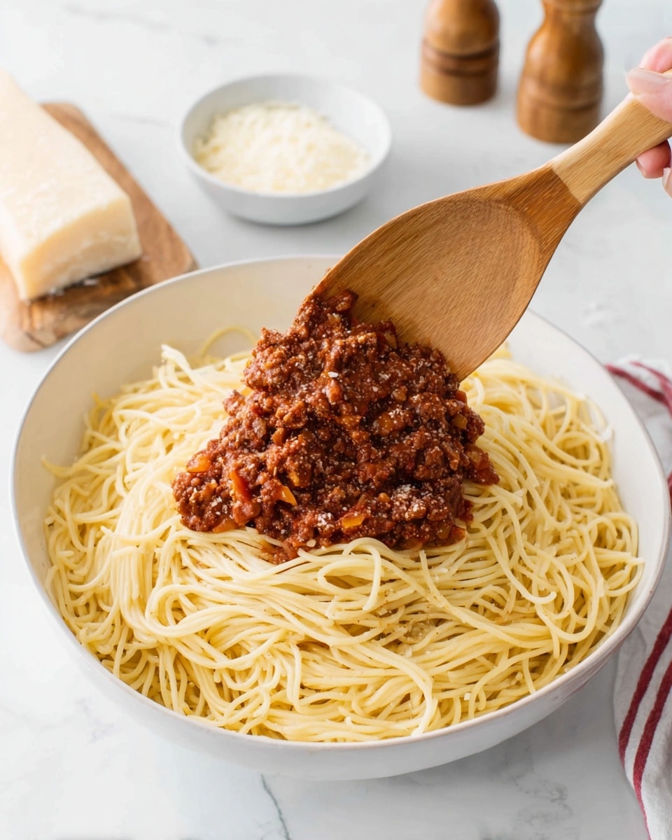A large white bowl is filled with a pile of plain, light yellow spaghetti noodles forming the base layer. On top of the noodles, a wooden spoon held by a woman's hand is adding a thick layer of chunky, dark red-brown meat sauce with bits of orange vegetables mixed in, covering a section in the center. The background shows a white marbled surface with salt and pepper shakers and a white bowl of grated cheese nearby, creating a clean and simple kitchen scene. Photo taken with an iphone --ar 4:5 --v 7