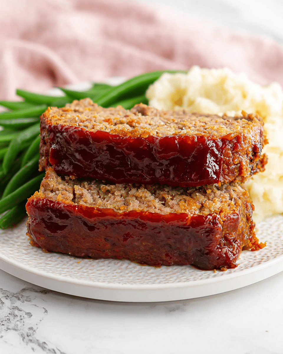 Two thick slices of meatloaf with a glossy dark red glaze cover the top and sides of each slice, showing a crumbly, cooked interior of light brown. The two slices are stacked slightly, with the top slice leaning on the bottom one. Behind the meatloaf, to the left are bright green, crisp green beans, and to the right is a fluffy mound of creamy white mashed potatoes. Everything sits on a round white plate with a textured edge, placed on a white marbled surface with a soft pink cloth blurred in the background. Photo taken with an iphone --ar 4:5 --v 7
