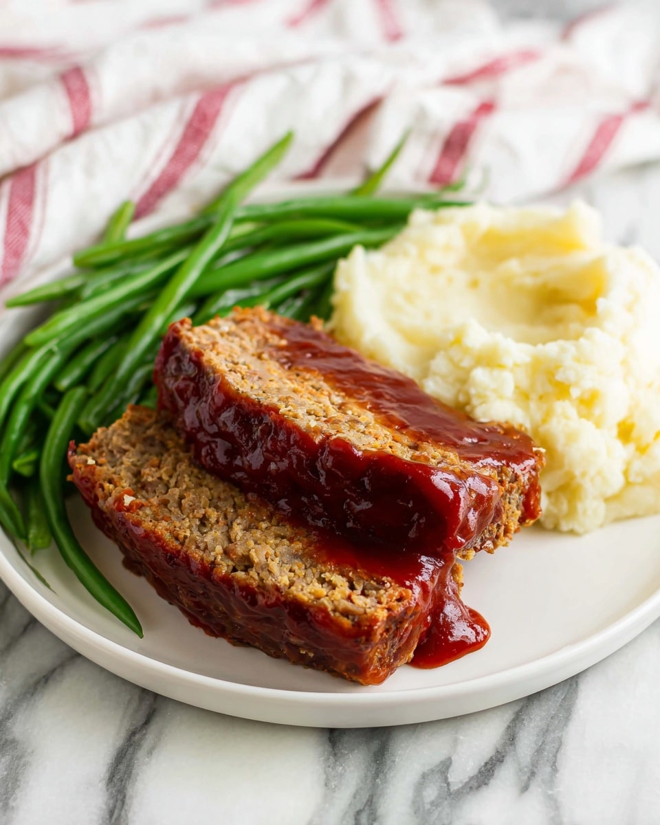 The image shows a white round plate with two thick slices of meatloaf stacked on top of each other, covered in a glossy, dark red sauce that drips slightly down the sides. Behind the meatloaf is a mound of creamy, fluffy mashed potatoes in a soft yellow-white color. To the left side of the plate, there is a neat pile of bright green steamed green beans with a smooth texture. The plate is set on a white marbled surface, and a white and red striped cloth is softly draped in the background. photo taken with an iphone --ar 4:5 --v 7