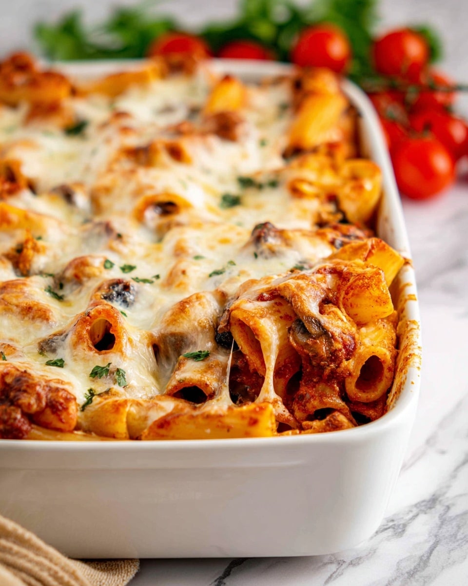 A close-up of baked rigatoni pasta in a white rectangular dish, showing two visible layers: the bottom layer with chunky red tomato sauce mixed with mushrooms and herbs, and the top layer covered in melted, slightly browned white cheese stretching over the pasta tubes. The rigatoni pasta is golden orange with some darker baked spots, and bits of herbs peek through the cheese. The dish sits on a white marbled surface with a blurred background of fresh red cherry tomatoes and green herbs. photo taken with an iphone --ar 4:5 --v 7